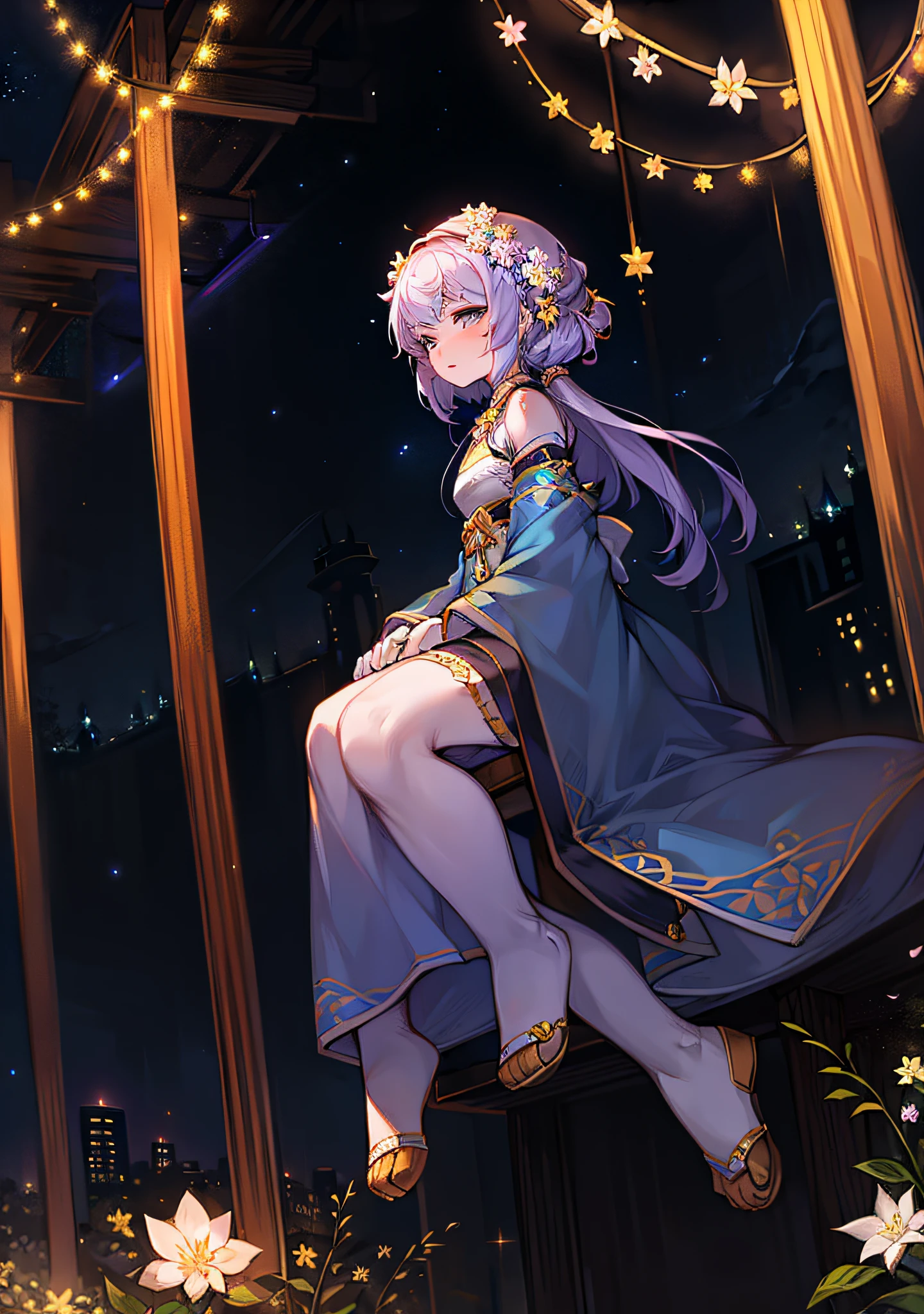The girl prayed with her hands folded, and the night sky full of lights, rivers, flowers, and Hanfu