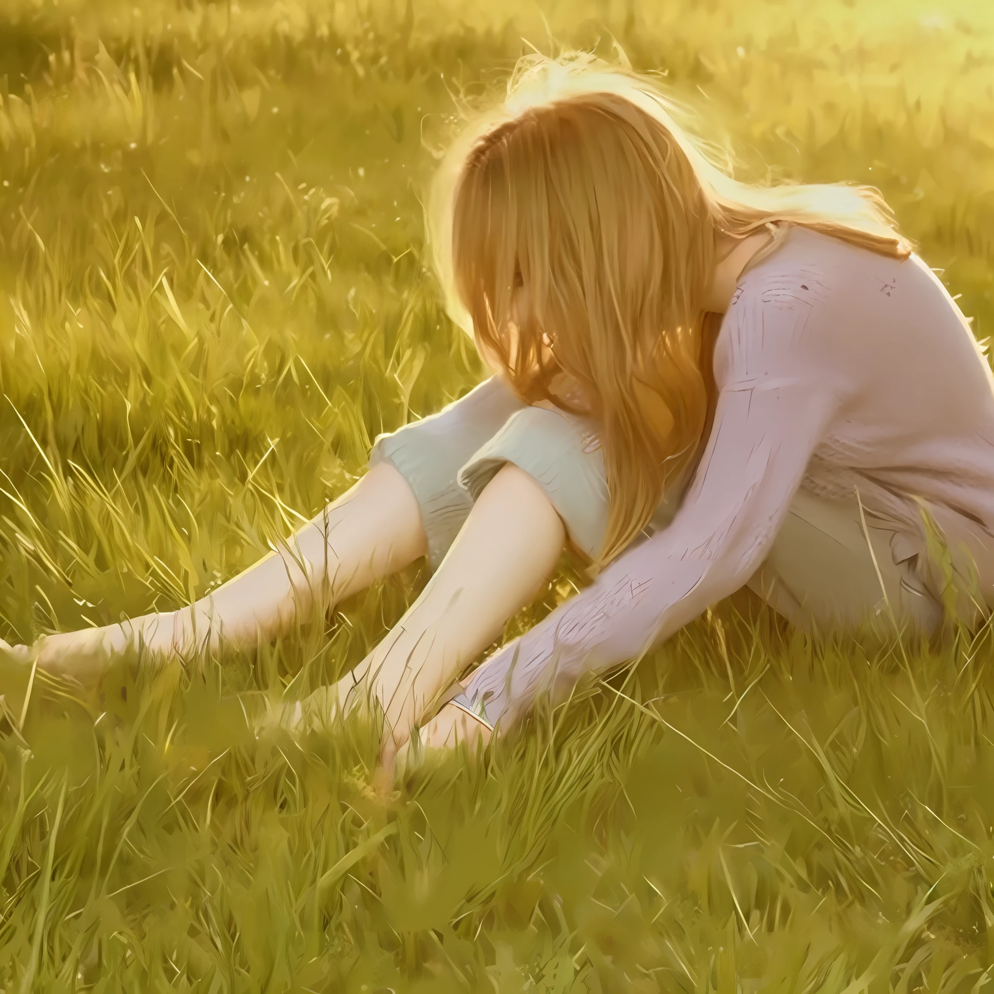 ((Best Quality, 8K, Masterpiece: 1.3)), Sharp: 1.2, Perfect Body Beauty: 1.4, Slim Abs: 1.2, ((Layered Hairstyle: 1.2)), (Sweater: 1.1), Seated Beauty, Jeans, Sitting on the Grass, Not Looking at the Camera, Long Blonde Hair, Lush Grass