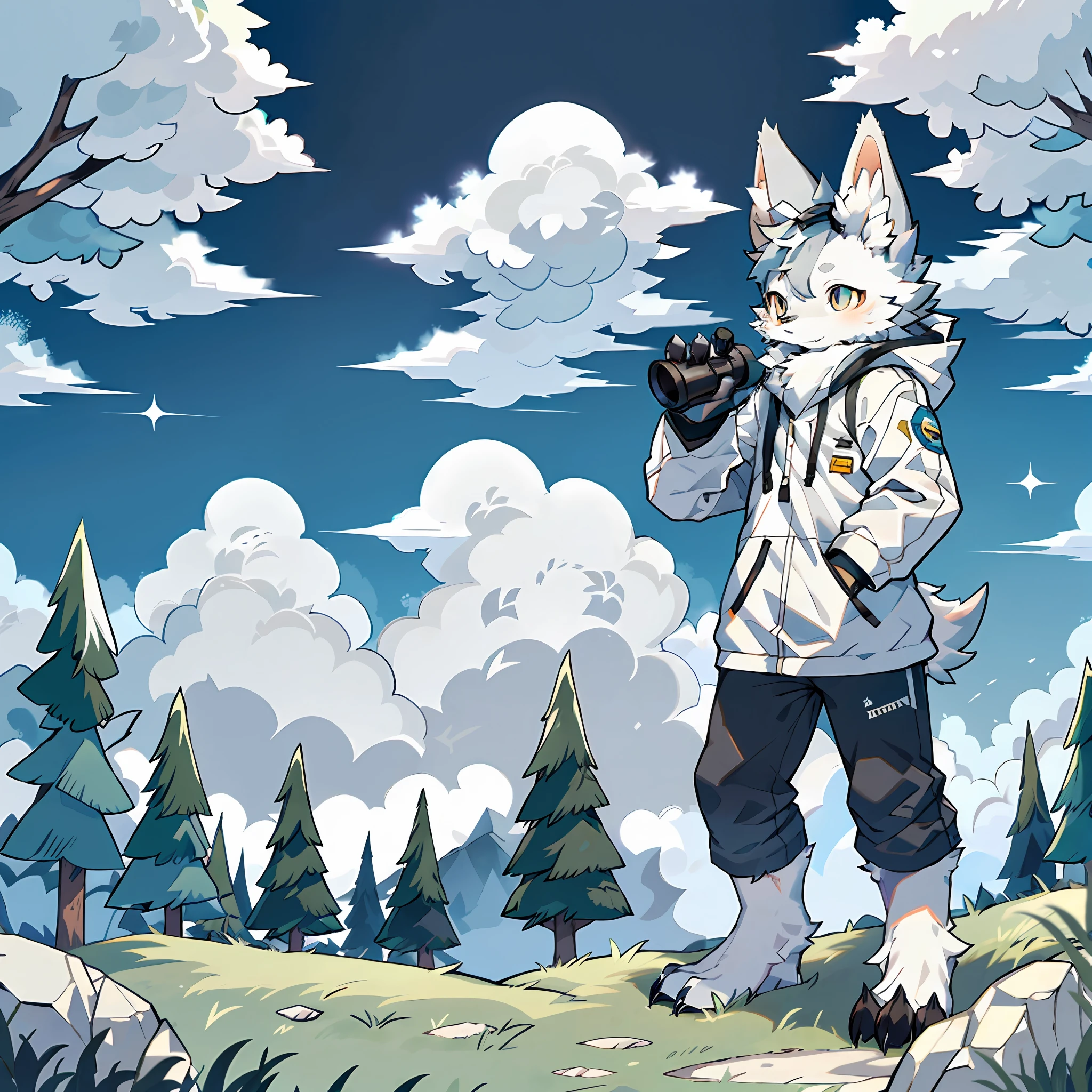 Furry, male arctic fox, fluffy, gray fur, gray ears, golden eyes, sharp claws, fluffy tail, standing on a cliff using binoculars, explorer, outdoor attire, grassland, blue sky and white clouds