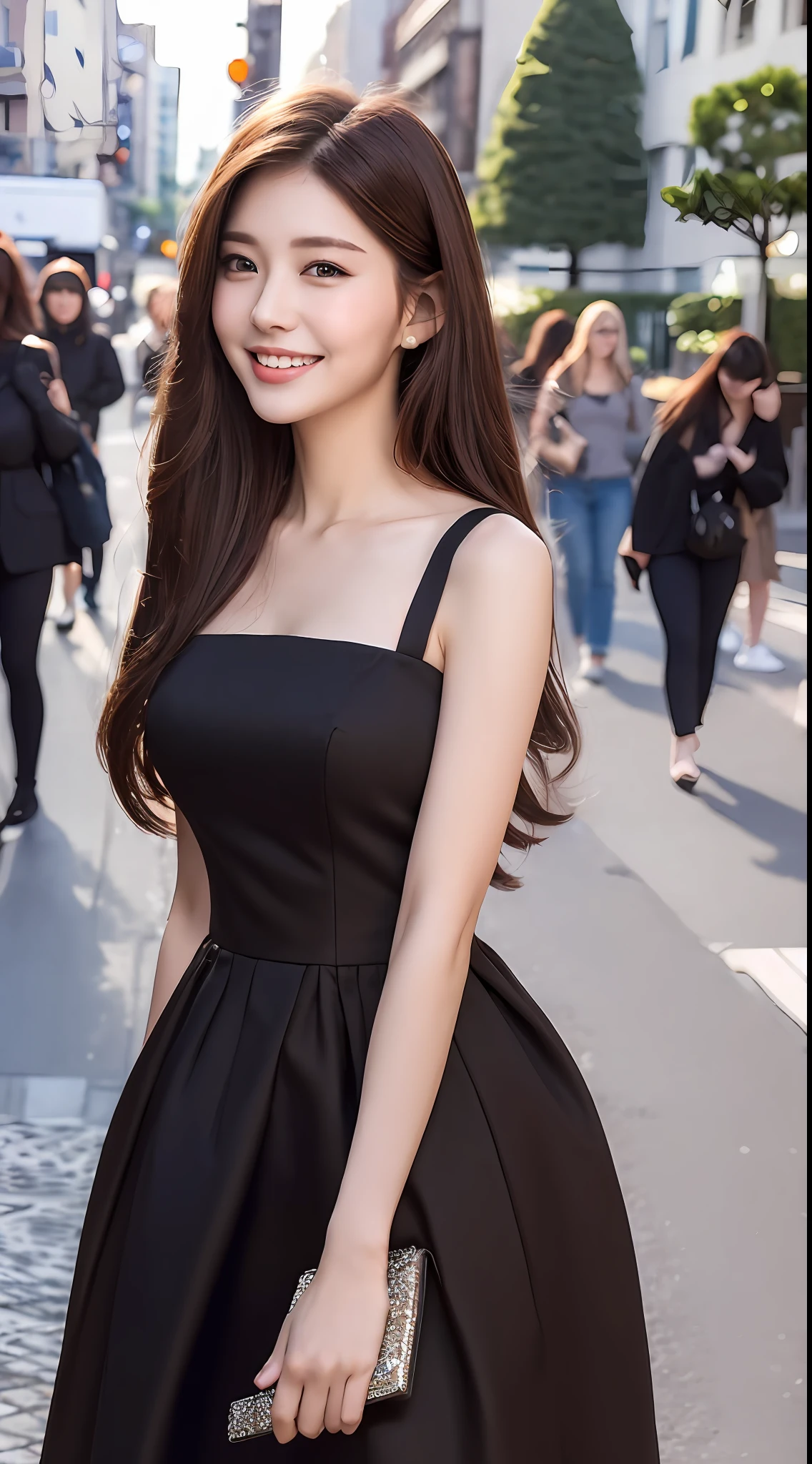 ((Best quality, 8k, Masterpiece :1.3)), 1girl, smiling, full body, slim face, Pretty woman, (Dark brown hair), full length dress :1.1, Ultra-detailed face, Detailed eyes, Double eyelid, blur background, slim face, city, outside, street,