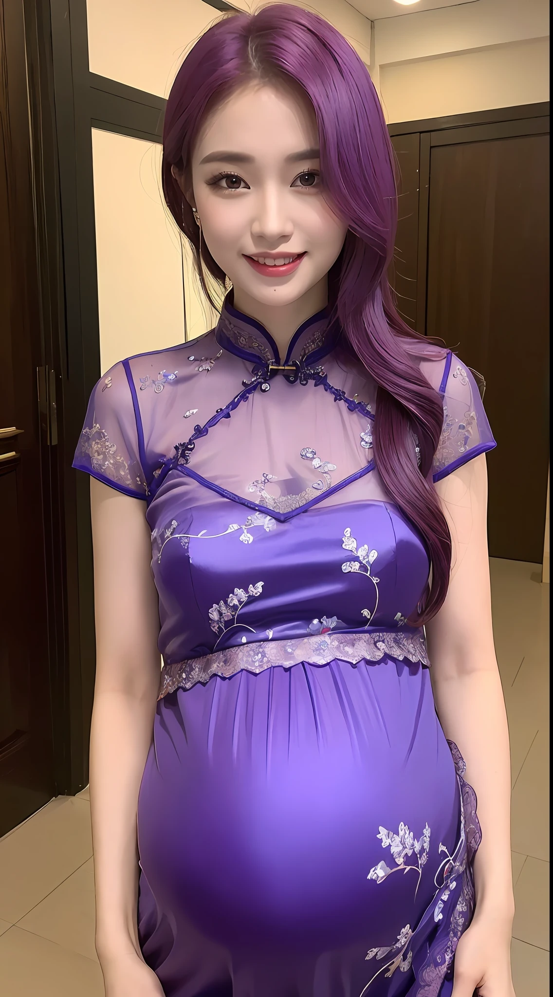 ((8k best quality, masterpiece: 1.3), 1 beauty, slender abs: 1.3, (chest layer cut: 1.2), white see-through dress: 1.1, ultra-detailed face, detail of eyes and double eyelids, upper eyes, purple lace underwear, grin & sad expression, red lip, hanging eyes, purple hair tips, wearing cheongsam, ahe face, pregnant woman)