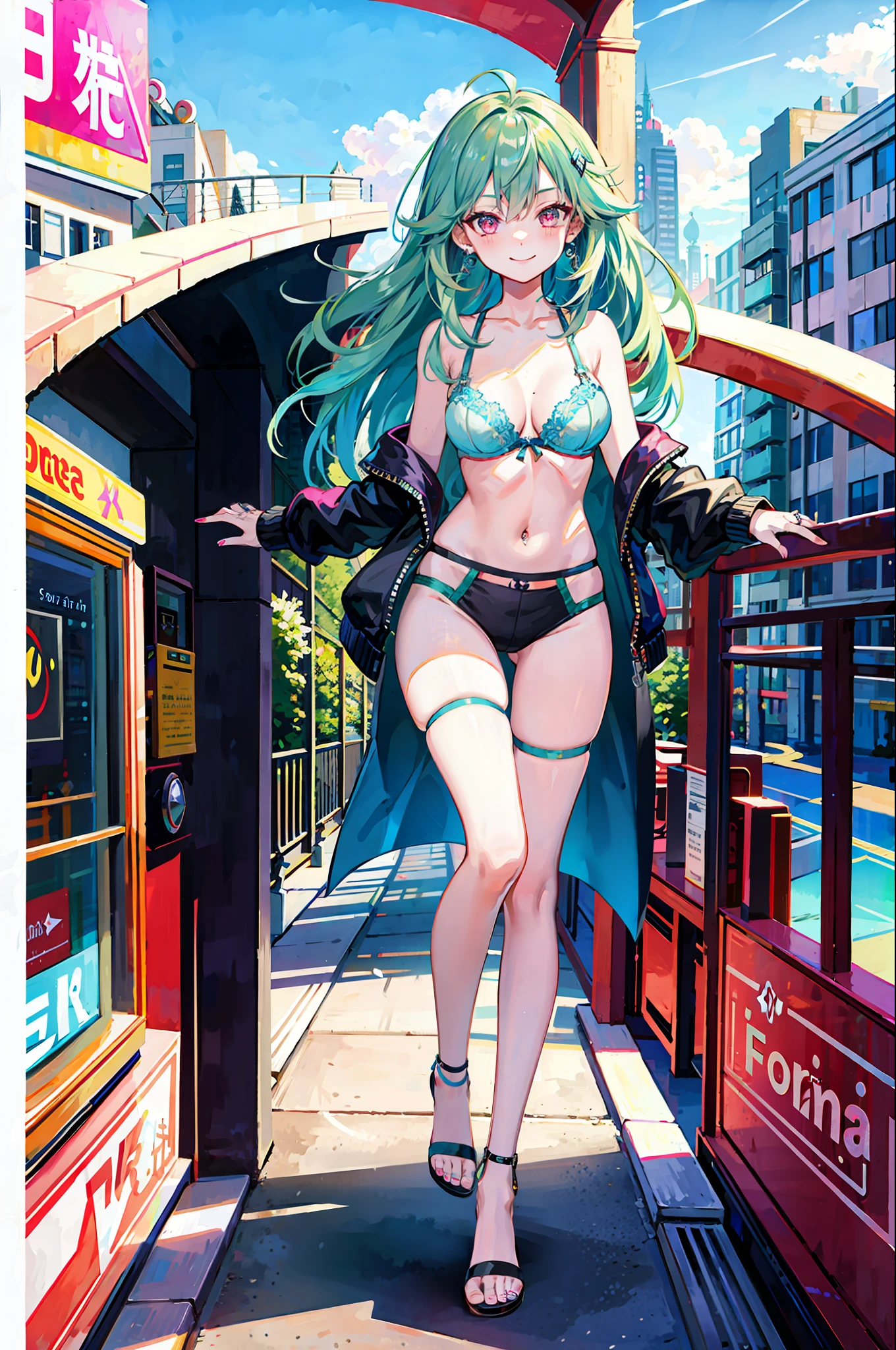 (Night City), rays, masterpiece, best quality, full body, 1girl, bangs, blush, breasts, collarbones, ear piercings, eyebrows visible through hair, (gradient green hair), smirk, jewelry, long hair, looking at the viewer, piercings, (half-naked), (sexy underwear), (bra), (panties), (mesh stockings), pink eyes, ring, smile, solo, balcony, sky, illustration, fashionable, woman, bright, posing, frontal, colorful, dynamic, background, elements,  confident, expression, holding, statement, accessory, majestic, rolled, around, touch, scene, bold, eye-catching, stylish, catchy, larger, brighter, modern, fashionable, focus, fashion