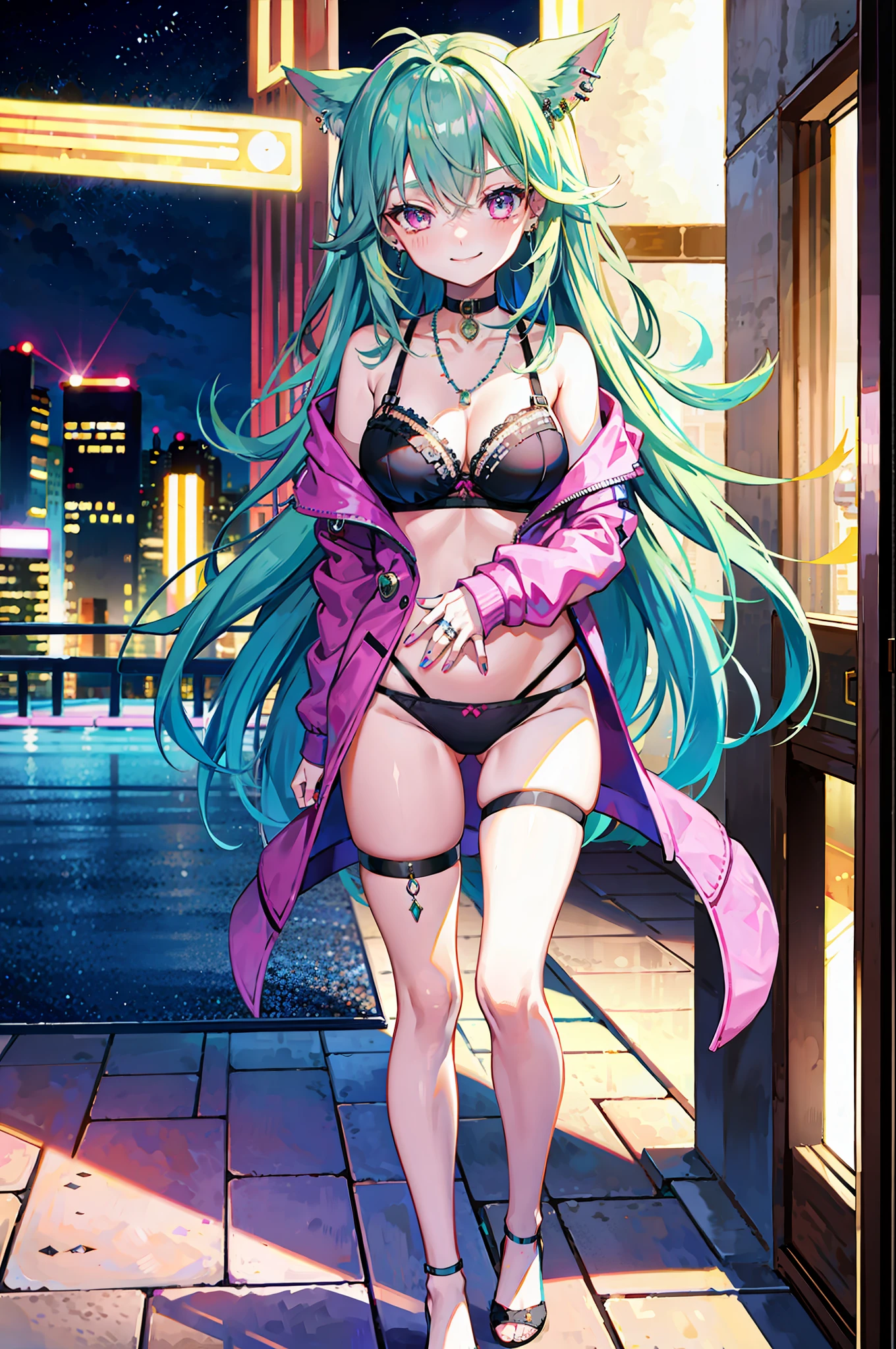 (Night City), rays, masterpiece, best quality, full body, 1girl, bangs, blush, breasts, collarbones, ear piercings, eyebrows visible through hair, (gradient green hair), smirk, jewelry, long hair, looking at the viewer, piercings, (half-naked), (sexy underwear), (bra), (panties), (mesh stockings), pink eyes, ring, smile, solo, balcony, sky, illustration, fashionable, woman, bright, posing, frontal, colorful, dynamic, background, elements,  confident, expression, holding, statement, accessory, majestic, rolled, around, touch, scene, bold, eye-catching, stylish, catchy, larger, brighter, modern, fashionable, focus, fashion