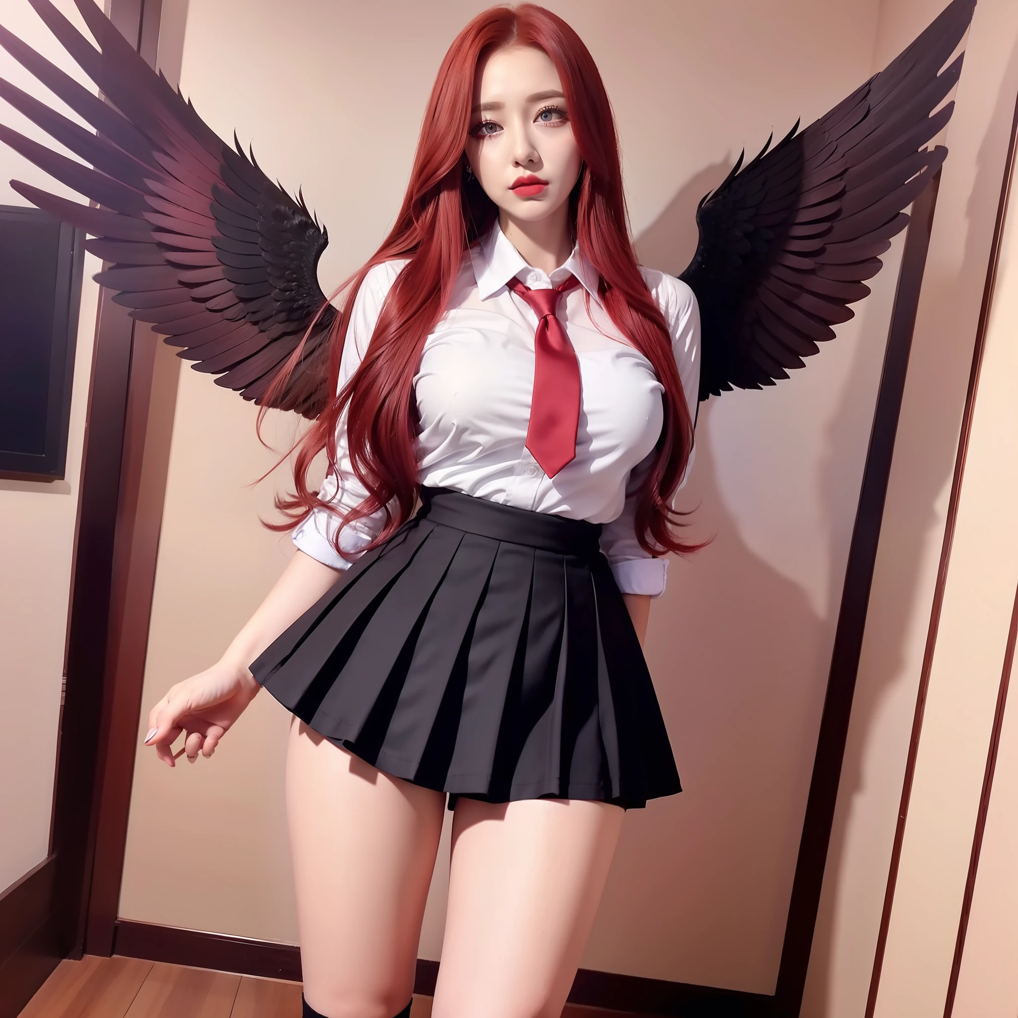 Beautiful red-haired woman, wearing high school uniform, blouse with tie, mini skirt, long red hair, with big wings, black angel wings on the back, heavy makeup on the eyes, perfect face, perfect body, round breasts, big ass, thick thigh, high sock and all star sneakers, full body, detailed photo, masterpiece, serious look, red lipstick mouth, sign near the mouth on the left side, purple eyes, red makeup, arms crossed, raw photo