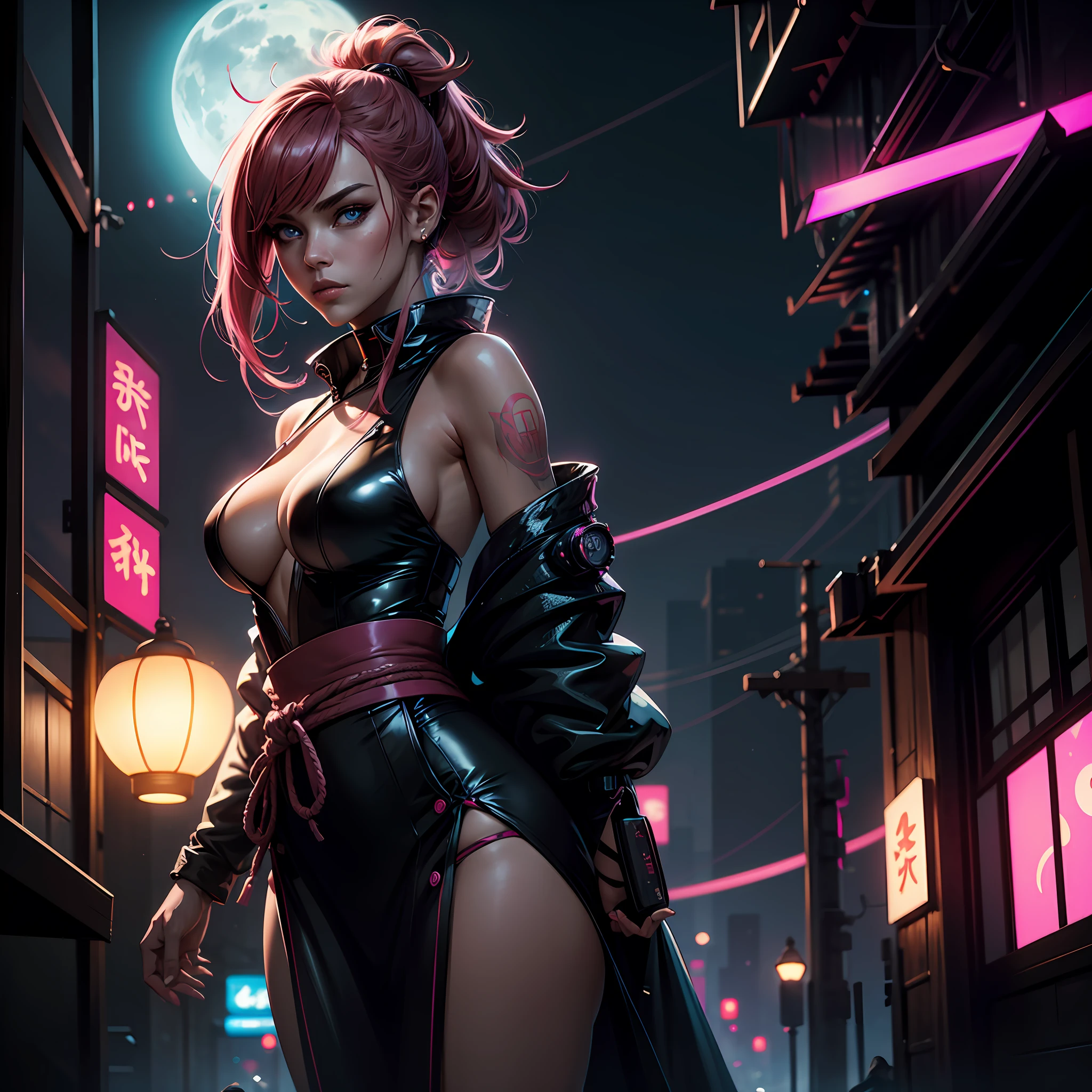 1girl, solo, girl, close up, futuristic outfit, neon samurai, very handsome cyberpunk samurai, cyberpunk samurai, pink and red hair, ghost blade style, cyberpunk style, cyberpunk neon style, video game character, synthwave image, cyberpunk, concept art neon glow, moon, lantern, night, solo, outdoor, sky, full moon, rain, mountain, cloud, paper lantern, night sky, reflection,, {{(masterpiece),(extremely detailed CG unity 8k wallpaper), (side boobs), best quality,solo,cinematic lighting,detailed background,beautiful detailed eyes,bright pupils,(an extremely delicate and beautiful),(beautiful and detailed eye description),ultra-detailed,masterpiece,}}, detailed eyes, beautiful eyes, realistic eyes, beautiful eyes, perfect eyes, (Anamorphic rays, ramen shop), glow, depth of field