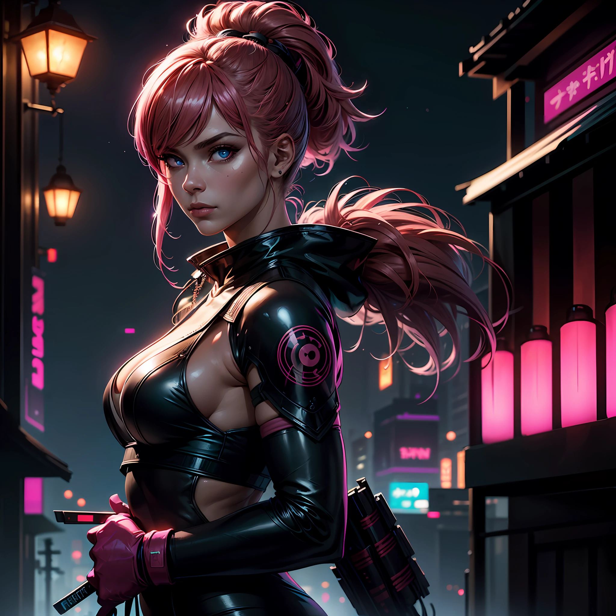 1girl, solo, girl, close up, futuristic outfit, neon samurai, very handsome cyberpunk samurai, cyberpunk samurai, pink and red hair, ghost blade style, cyberpunk style, cyberpunk neon style, video game character, synthwave image, cyberpunk, concept art neon glow, moon, lantern, night, solo, outdoor, sky, full moon, rain, mountain, cloud, paper lantern, night sky, reflection,, {{(masterpiece),(extremely detailed CG unity 8k wallpaper), (side boobs), best quality,solo,cinematic lighting,detailed background,beautiful detailed eyes,bright pupils,(an extremely delicate and beautiful),(beautiful and detailed eye description),ultra-detailed,masterpiece,}}, detailed eyes, beautiful eyes, realistic eyes, beautiful eyes, perfect eyes, (Anamorphic rays, ramen shop), glow, depth of field