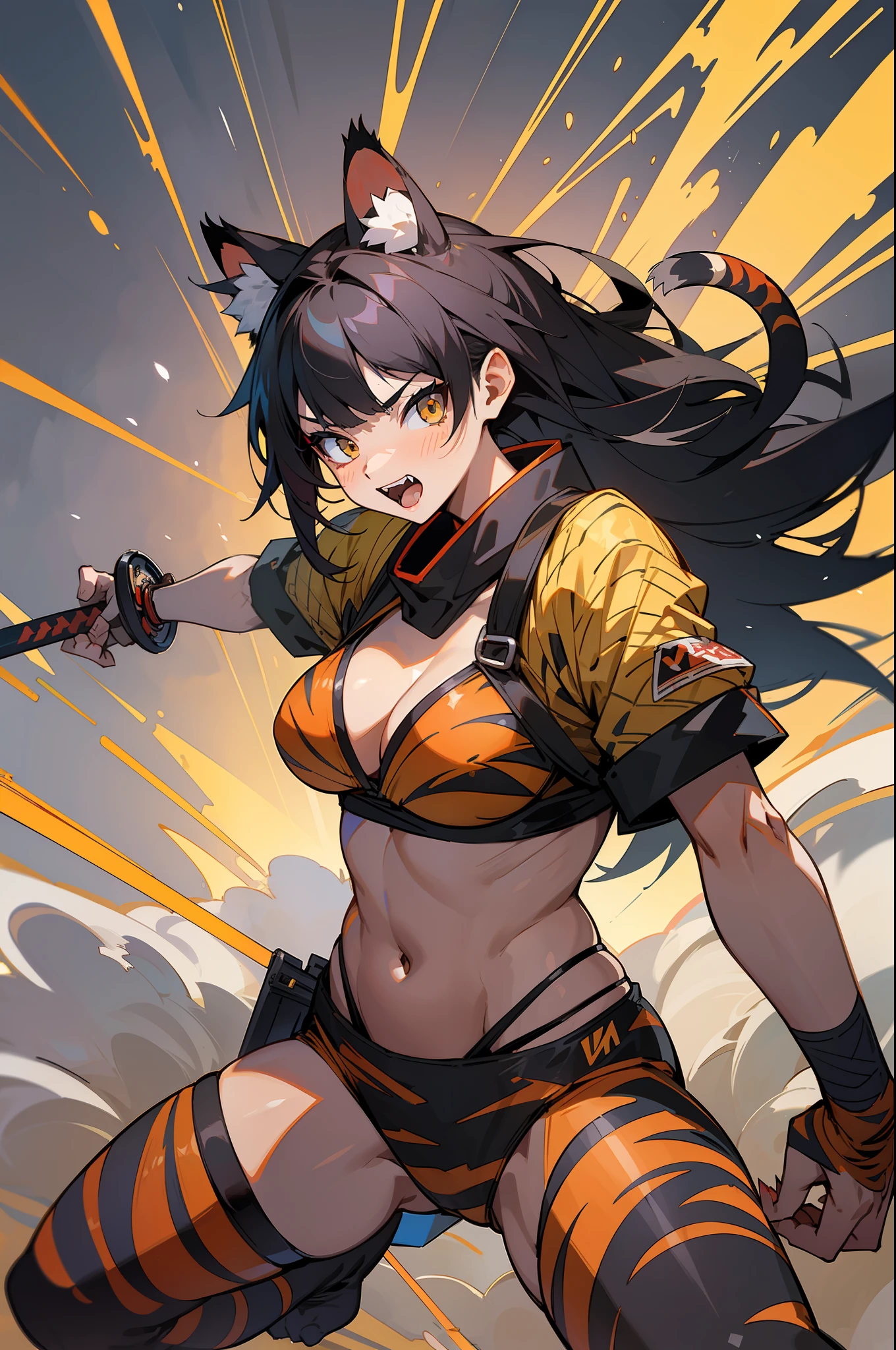 master-piece,hyper quality,hyper detailed,perfect drawing,1 beautiful girl, tiger print bikini, tiger ears, tiger tail, tiger palm, tiger paws, tiger fingers, sharp claws, sharp fangs, hunter's eyes aiming at prey, black hair and blonde mesh, sharp eyes, height 177cm, three sizes B95W60H90, (extra huge oversize cool samurai_sword in hands, extra huge cool weapon machine)), open stance, action pose, Brave Perth, Sunrise