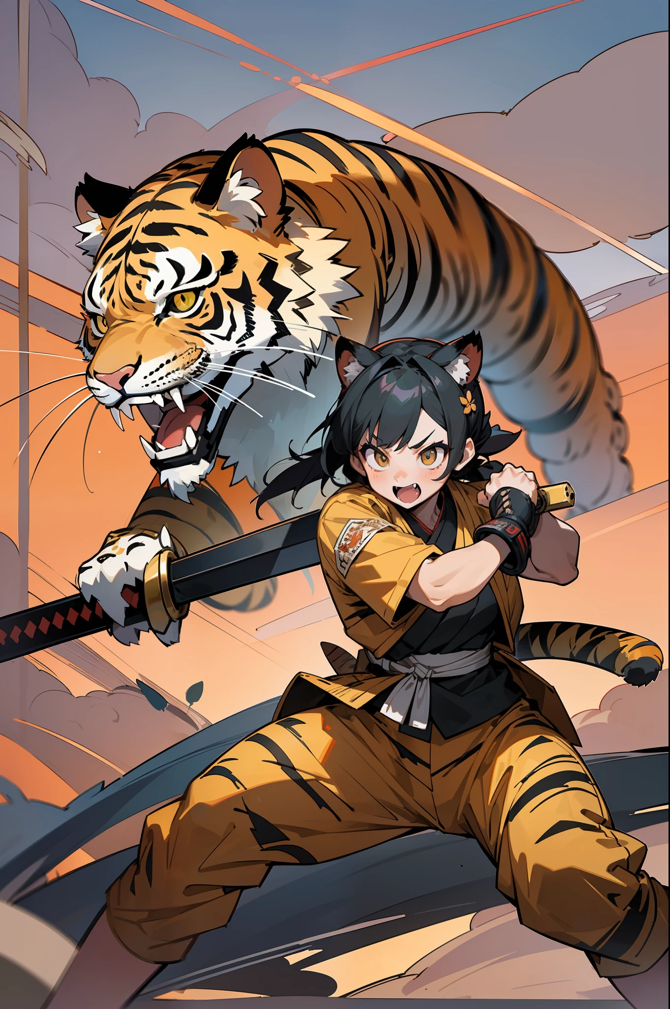 master-piece,hyper quality,hyper detailed,perfect drawing,1 beautiful girl, tiger print bikini, tiger ears, tiger tail, tiger palm, tiger paws, tiger fingers, sharp claws, sharp fangs, hunter's eyes aiming at prey, black hair and blonde mesh, sharp eyes, height 177cm, three sizes B95W60H90, (extra huge oversize cool samurai_sword in hands, extra huge cool weapon machine)), open stance, action pose, Brave Perth, Sunrise