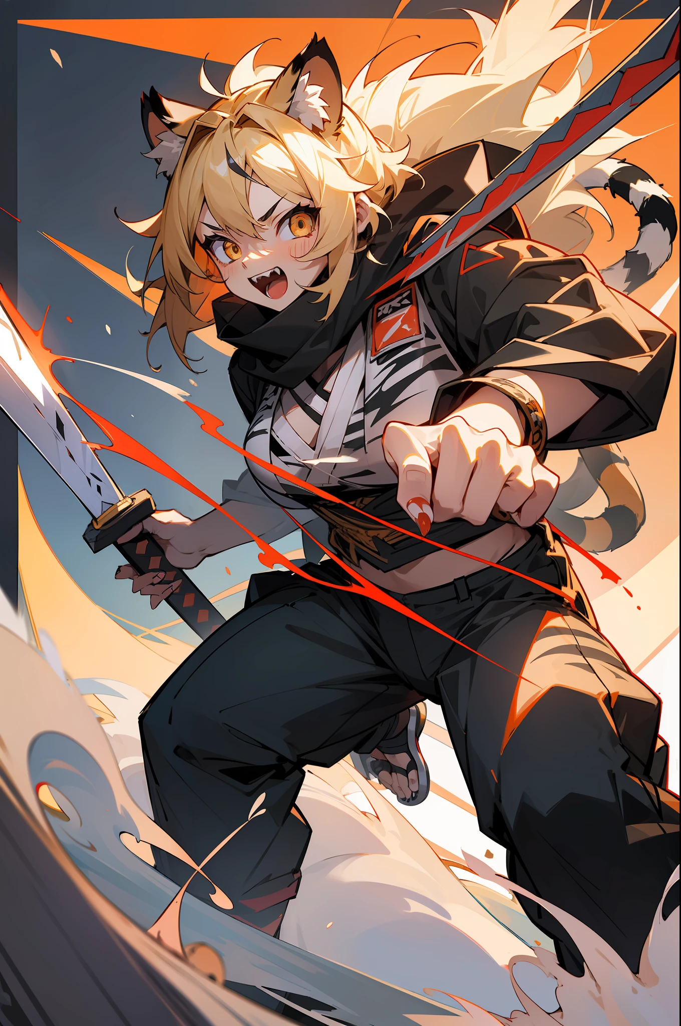 master-piece,hyper quality,hyper detailed,perfect drawing,1 beautiful girl, tiger print bikini, tiger ears, tiger tail, tiger palm, tiger paws, tiger fingers, sharp claws, sharp fangs, hunter's eyes aiming at prey, black hair and blonde mesh, sharp eyes, height 177cm, three sizes B95W60H90, (extra huge oversize cool samurai_sword in hands, extra huge cool weapon machine)), open stance, action pose, Brave Perth, Sunrise