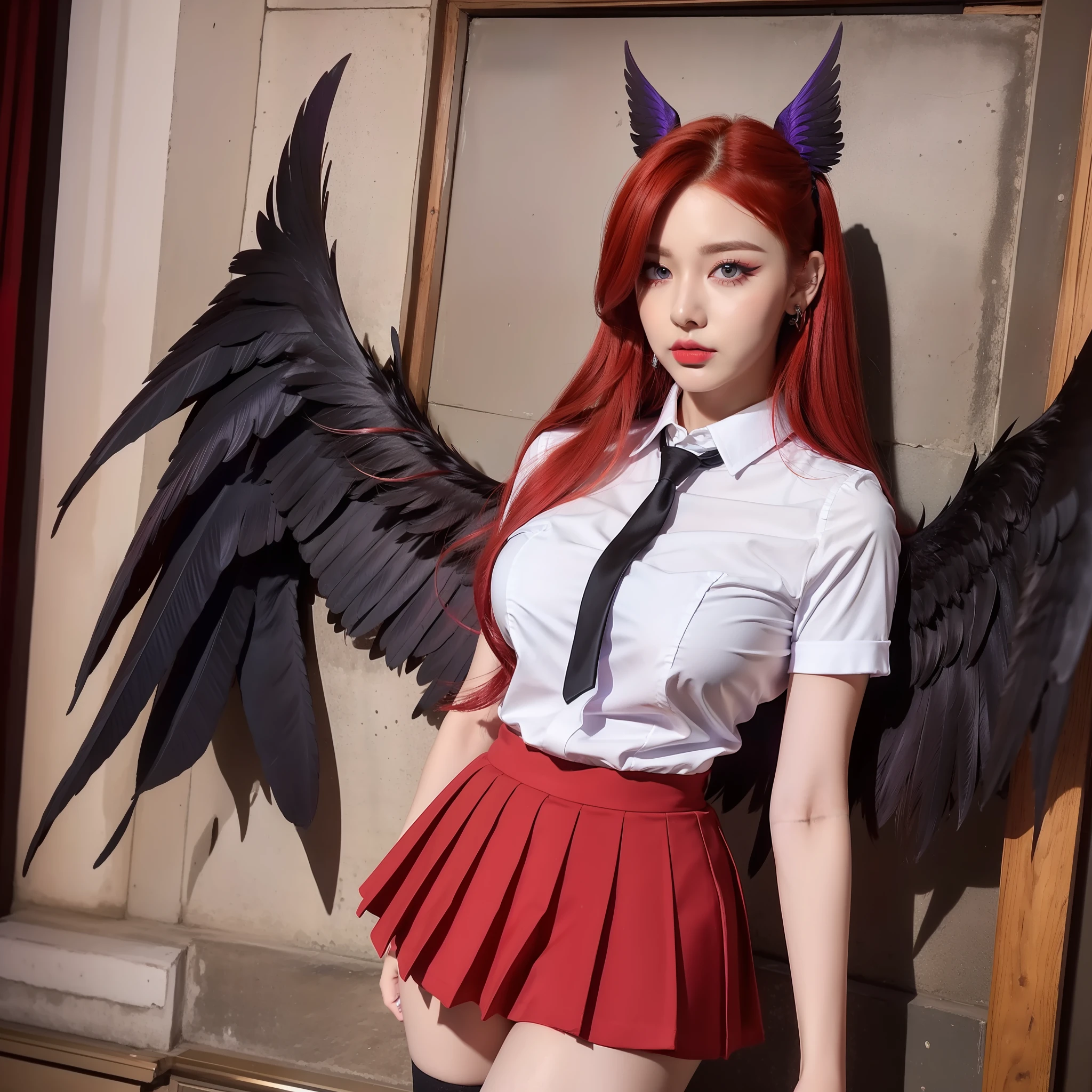 Beautiful red-haired woman, wearing high school uniform, blouse with tie, mini skirt, long red hair, with big wings, black angel wings on the back, heavy makeup on the eyes, perfect face, perfect body, round breasts, big ass, thick thigh, high sock and all star sneakers, full body, detailed photo, masterpiece, serious look, red lipstick mouth, sign near the mouth on the left side,  purple eyes, red makeup, arms crossed, raw photo