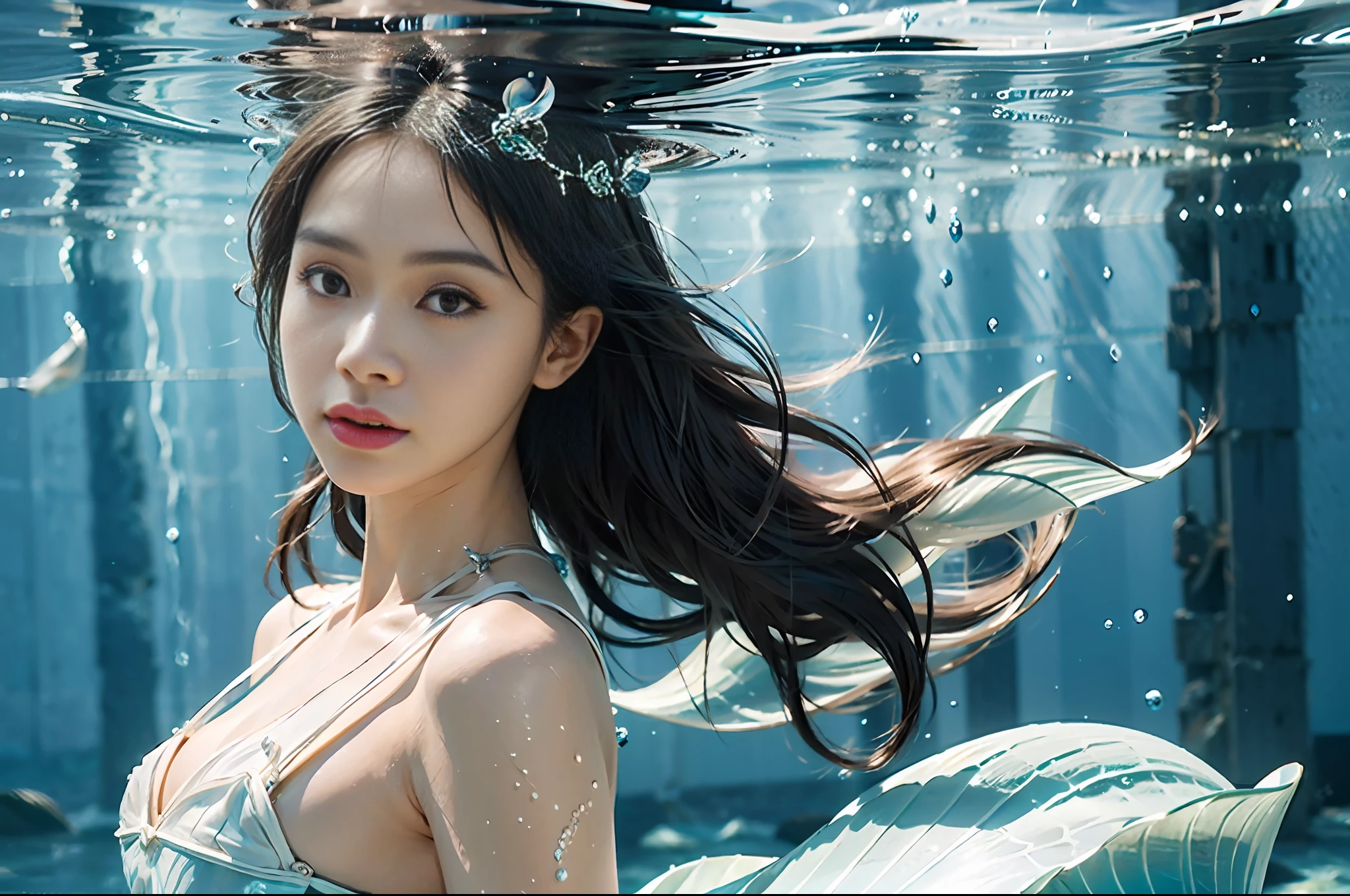 Electric goddess of mermaid digital painting, highly-detailed symmetric perfectly female body cinematic water and ocean color palette, under water, wearing white minimal hanfu Underwater, big lotus in white, delicate facial details, spotlight,perfect composition, hyperrealistic, super detailed, 8k, high quality, sharp focus,intricate details, highly detailed, dynamic lighting, detailed and intricate environment,