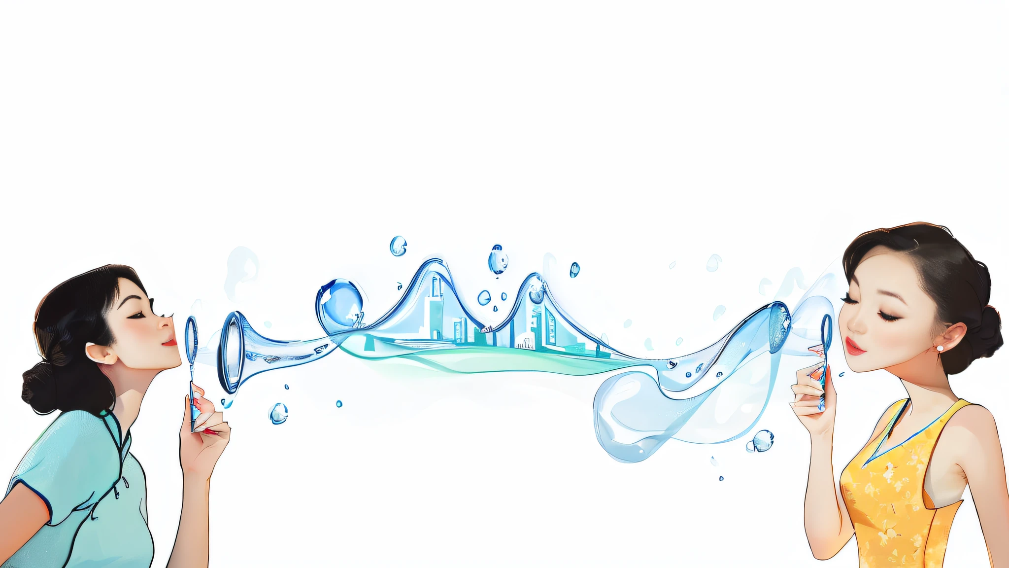 Two women standing face to face blow bubbles. Two women, one left and one right, the woman on the left is a Chinese woman wearing a cheongsam, and the woman on the right is wearing a Western-style dress with long hair and closed eyes. There are a lot of bubbles on the picture, the bubble shape becomes a bridge, bust, the background is white, empty, texture, poster, illustration