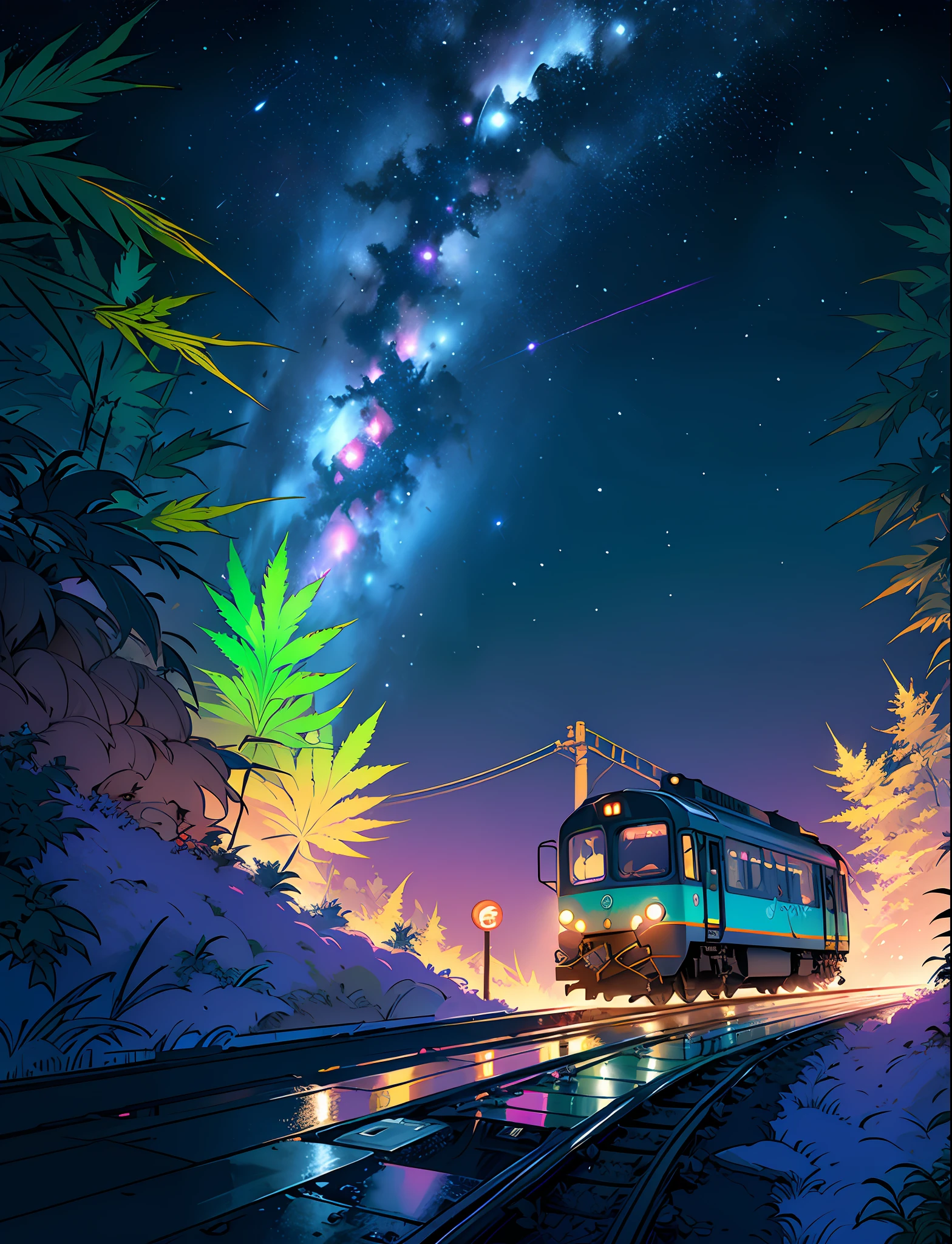 A steep chic train on a wet road. ,neon lights, neon galaxies, huge crystal moon, starry sky,,, in love Hemp, leaf, marijuana, cannabis, ((illustration)), colorful, wallpaper, energy, secret, magical environment, omniscience, prediction of the future, understanding the past, frost magic, --v 6