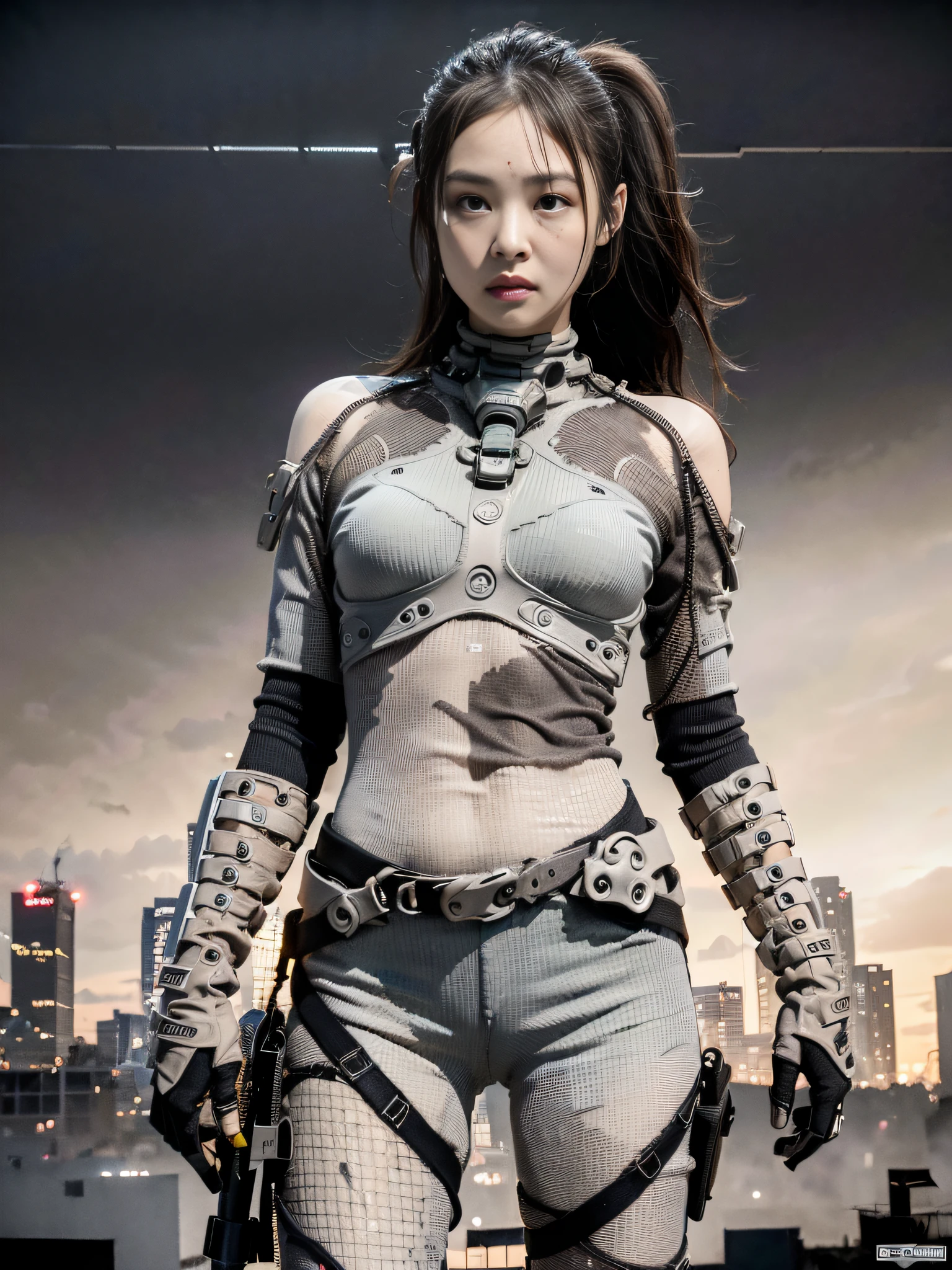 (1girl:1.3), solo, __body-parts__, doomsday wasteland style, dusty, stormy, dirty, gray tones, 8k resolution image, intricate symmetrical details. The whole picture is invincible and heroic, mainly a complete picture of a woman standing all over her body, with smooth movements and a confident expression.