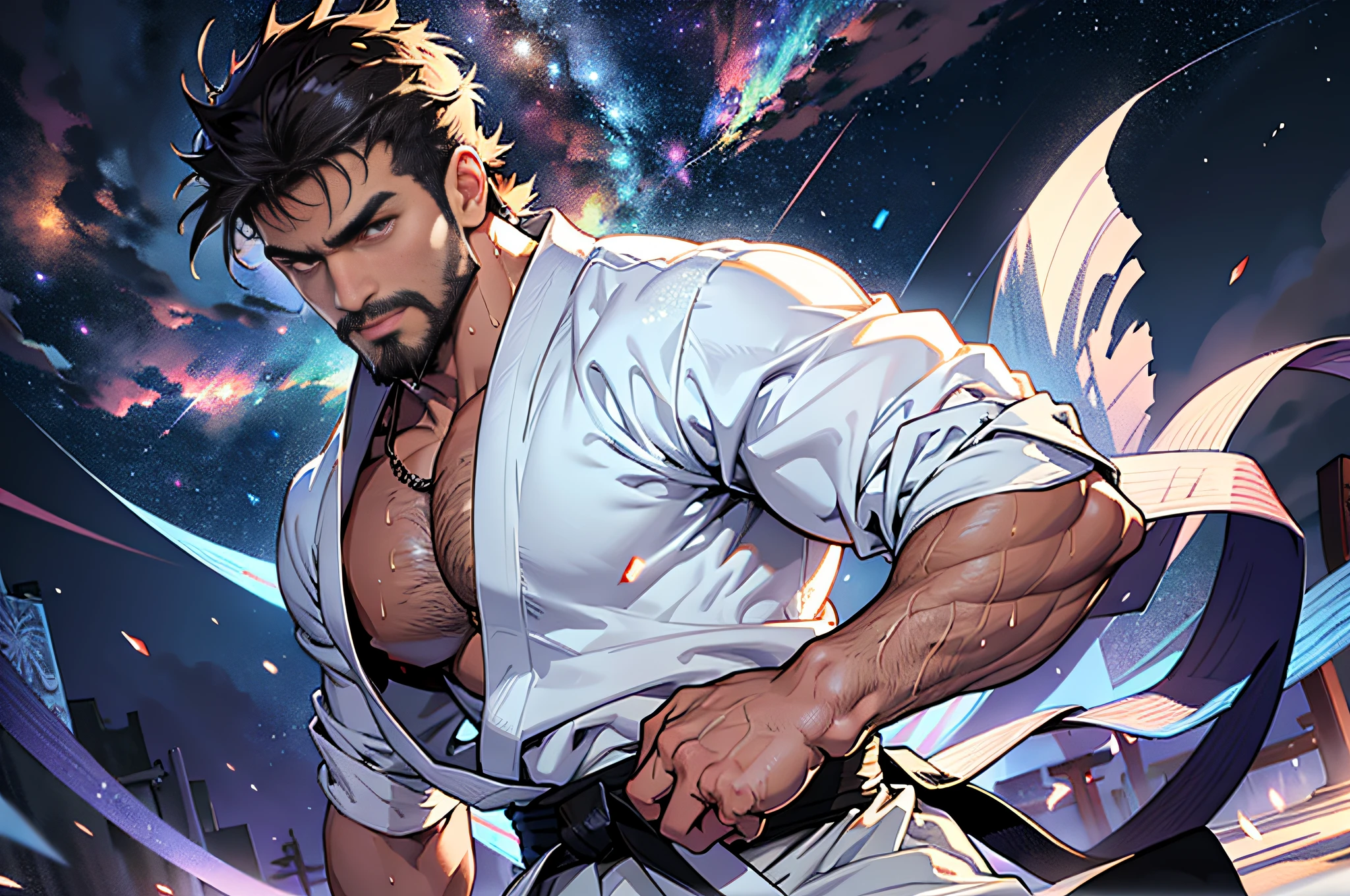 best quality, masterpiece, super high resolution, detailed background, realism, illustrations, single, 1 boy, torii, muscle, volumetric lighting, depth of field, facial hair, ryu, white clothes, black belt, light particles, crotch bulge, starry sky, fighting pose, sweating, short hair, nice eyes