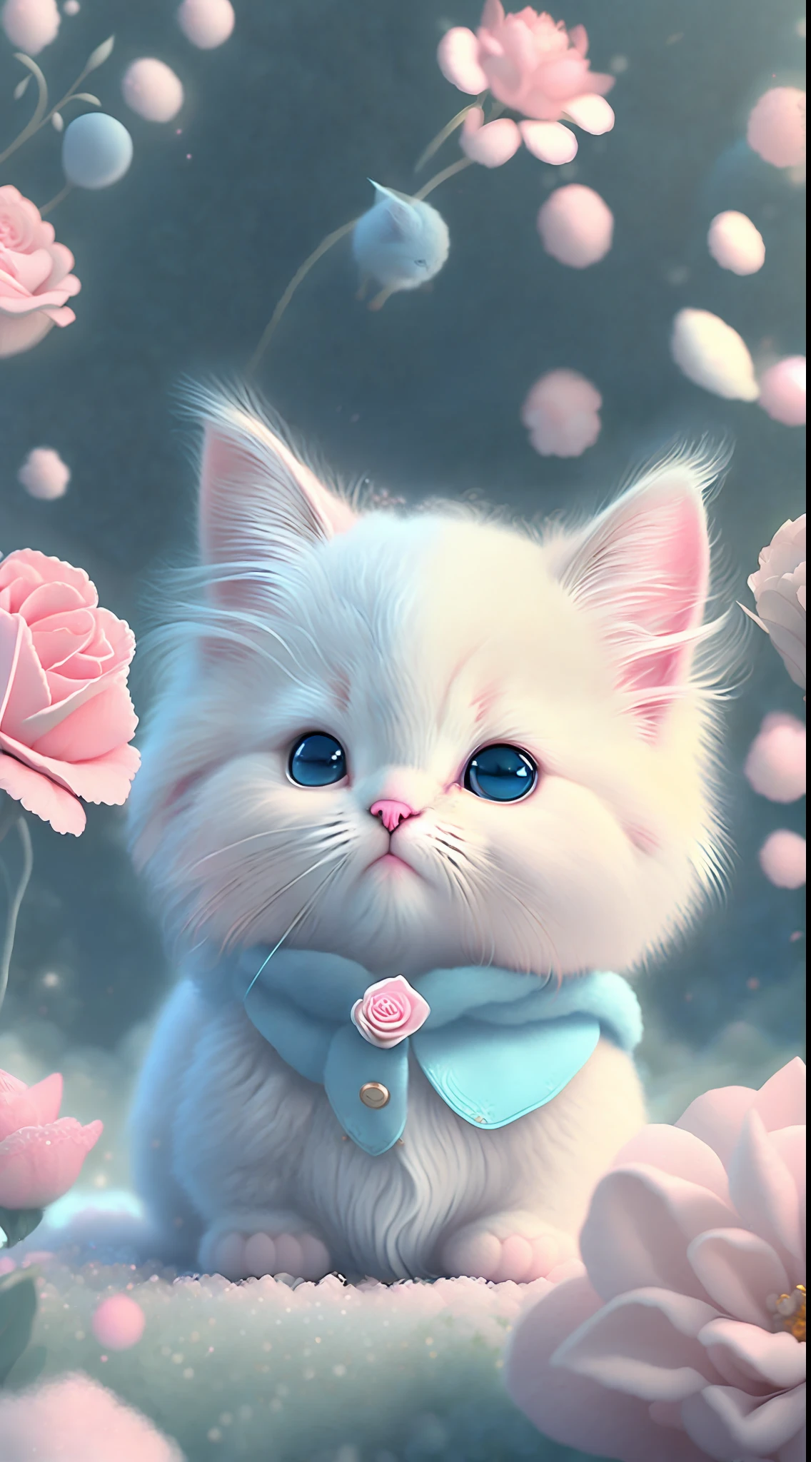 In this ultra-detailed CG art, cute kittens surrounded by ethereal roses, laughter, best quality, high resolution, intricate details, fantasy, cute animals, left, funny, left!! Mouth!!! Laugh!!