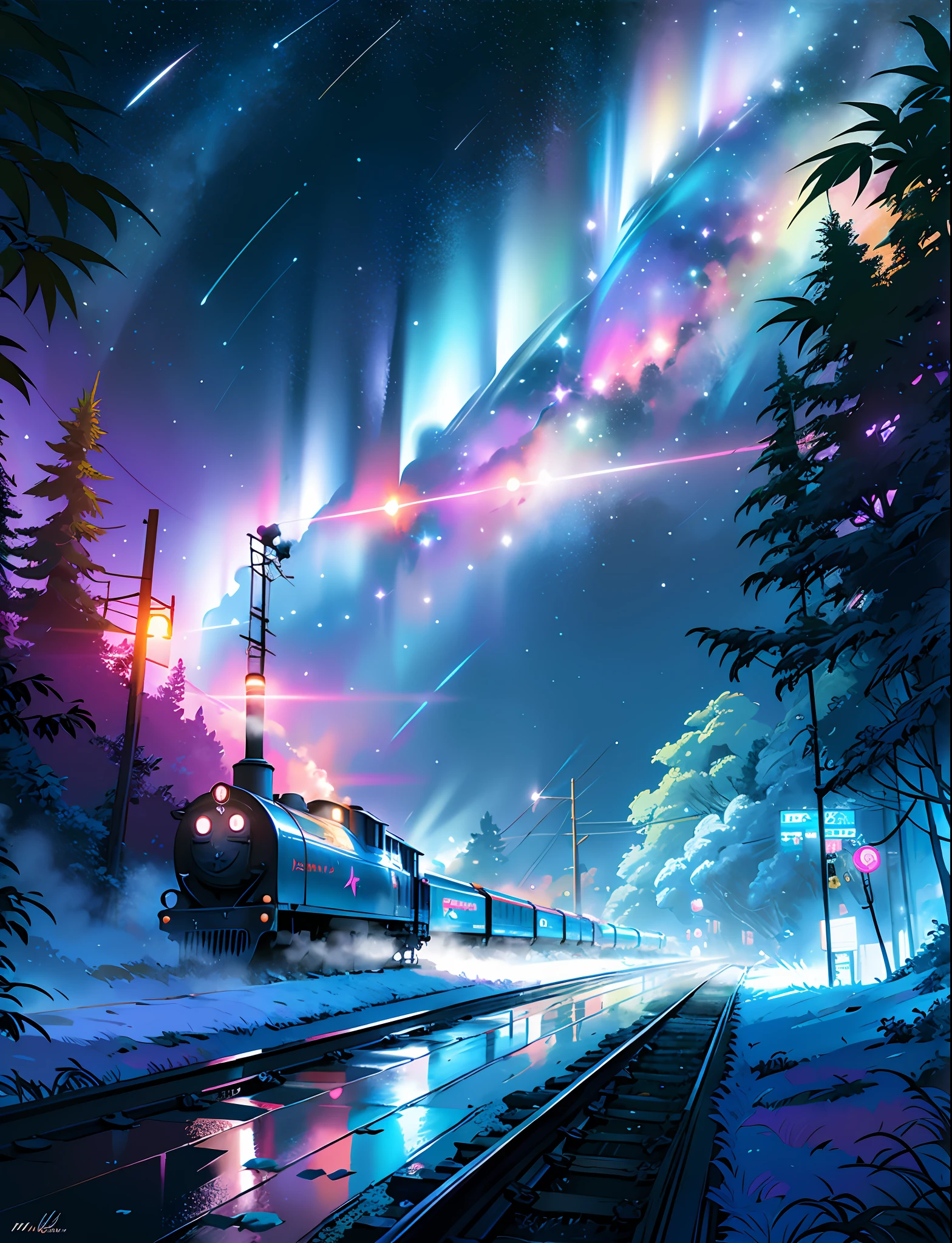 A steep chic train on a wet road. ,neon lights, neon galaxies, huge crystal moon, starry sky,,, in love Hemp, leaf, marijuana, cannabis, ((illustration)), colorful, wallpaper, energy, secret, magical environment, omniscience, prediction of the future, understanding the past, frost magic, --v 6