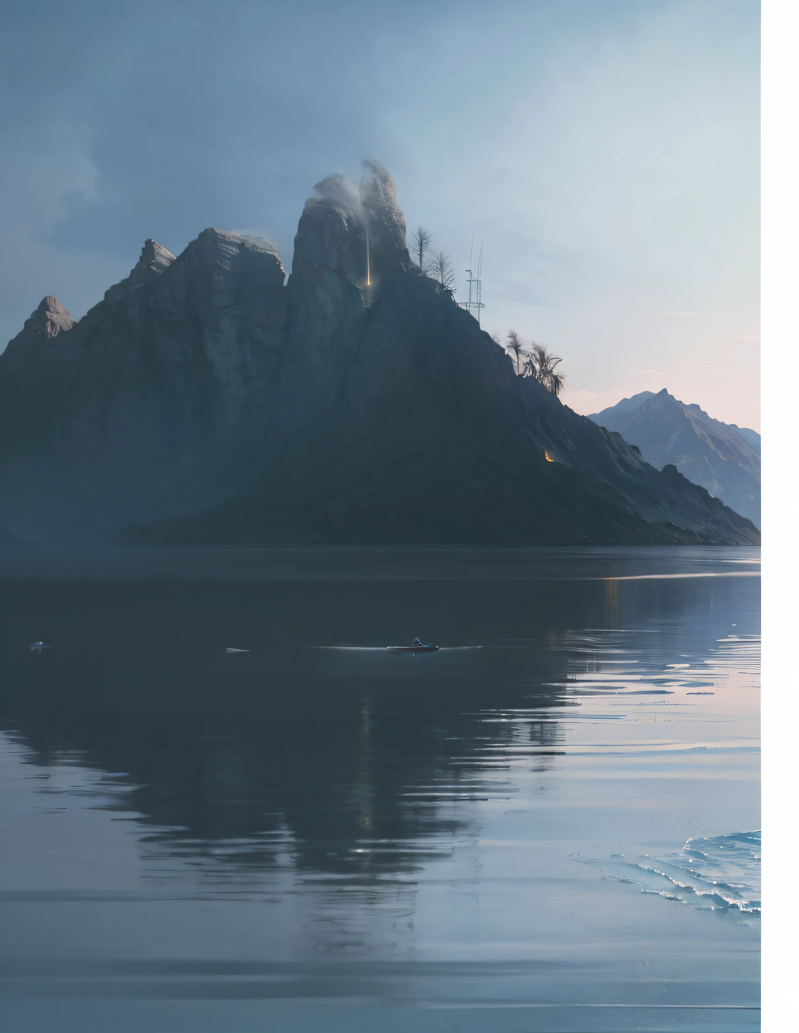 there is a boat that is floating in the water near a mountain, mattepainting, epic matte painting of an island, soft focus matte painting, matte painting v ray, high quality matte painting, matte painting 4k 8k, cinematic matte painting, photorealistic matte painting, matte painting with high detail, matte painting finish, a detailed matte painting, matte painting