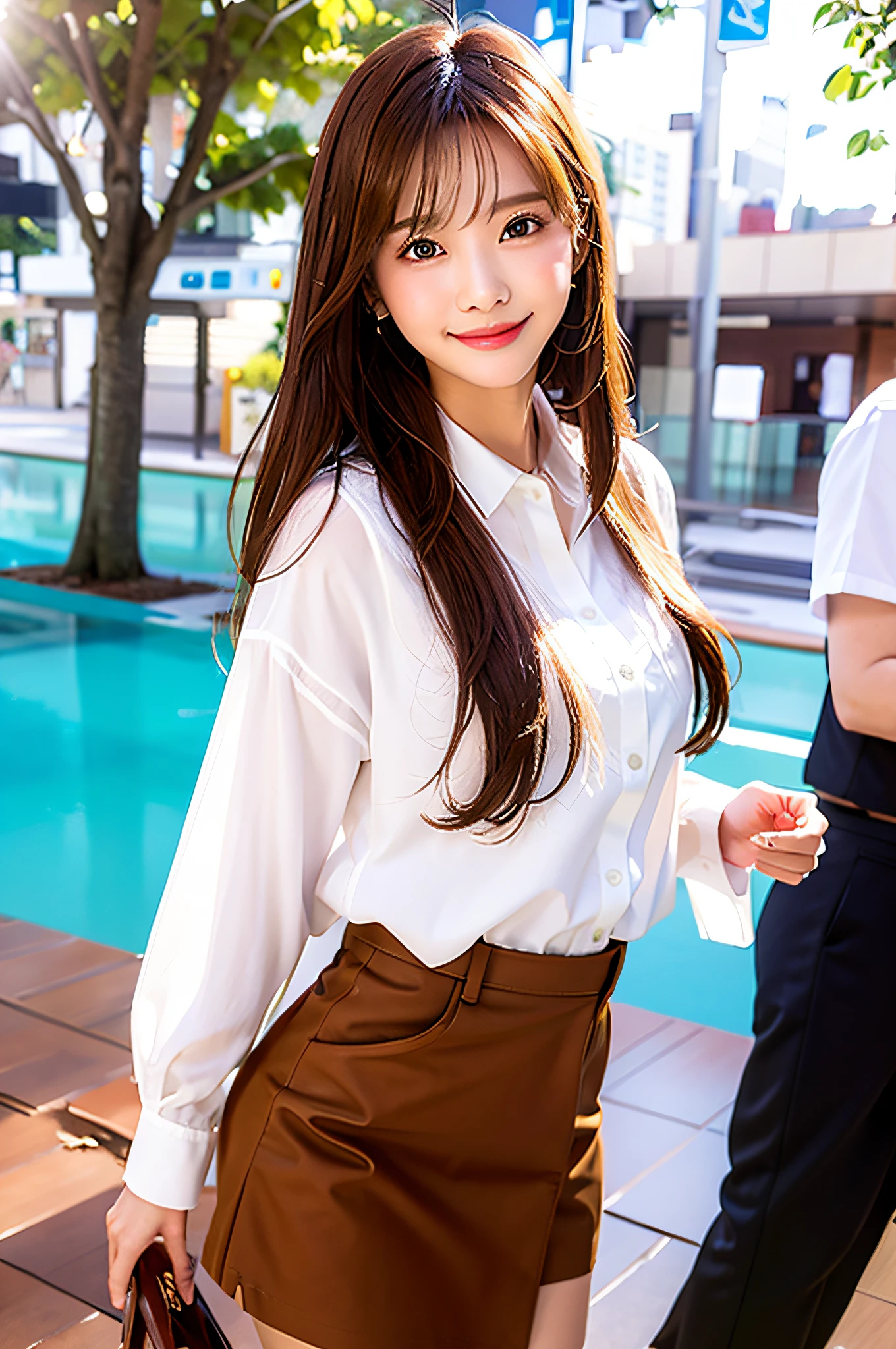 Smile, white blouse, brown skirt