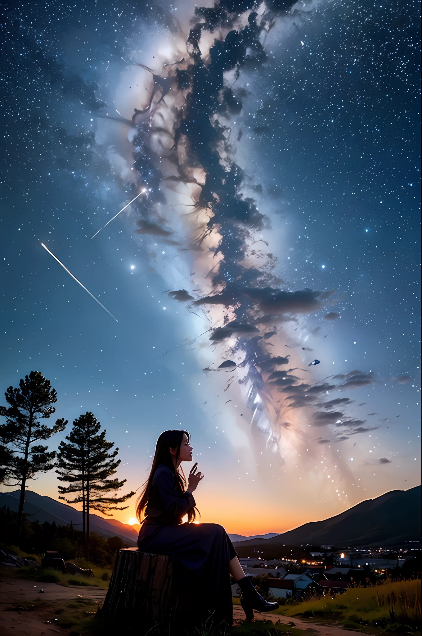 octans, sky, stars (sky), landscape, starry sky, night, 1girl, night sky, solo, outdoors, big mountain, cloud, milky way, sitting, tree, long hair, woods, silhouette, cityscape