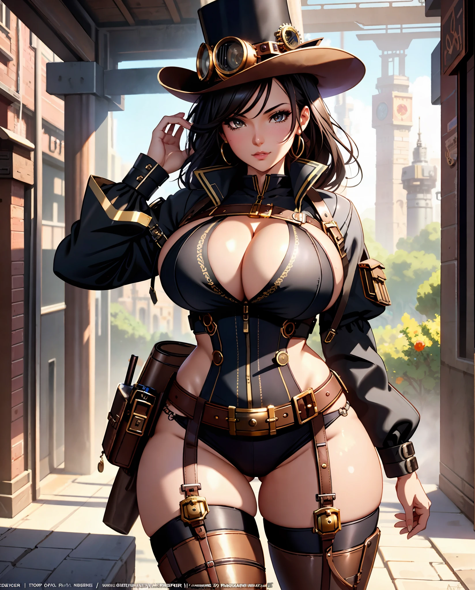 (((steampunk sexy girl, big sagging breast, very marked cameltoe, pezones grandes y marcados bajo la ropa, suggestive pose, sexy pose, sexy face, steampunk clothes, steampunk landscape,areola marcada, areola sobresaliente, cleavage,a digital illustration of black african woman ))) steampunk, anime, pretty face, large scale, realistic proportions, highly detailed, smooth, sharp focus, 8k, ray tracing, digital painting, concept art illustration, by artgerm, trending on artstation, sony a1