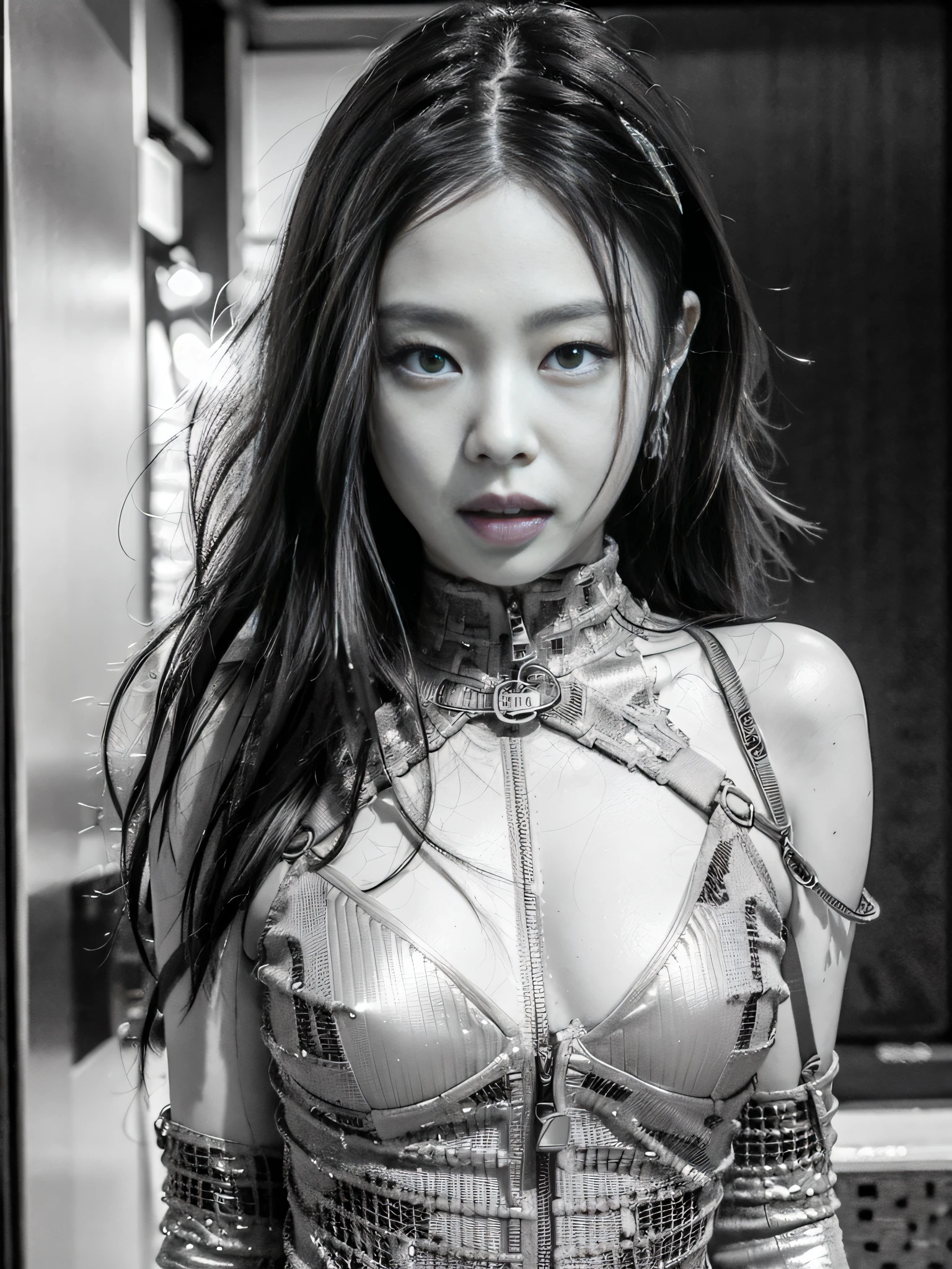 (1girl:1.3), solo, __body-parts__, Jennie face, doomsday wasteland style, dusty, stormy, dirty, gray tones, 8k resolution image, intricate symmetrical details. The whole picture is invincible and heroic, mainly a complete picture of a woman standing all over her body, with smooth movements and a confident expression.