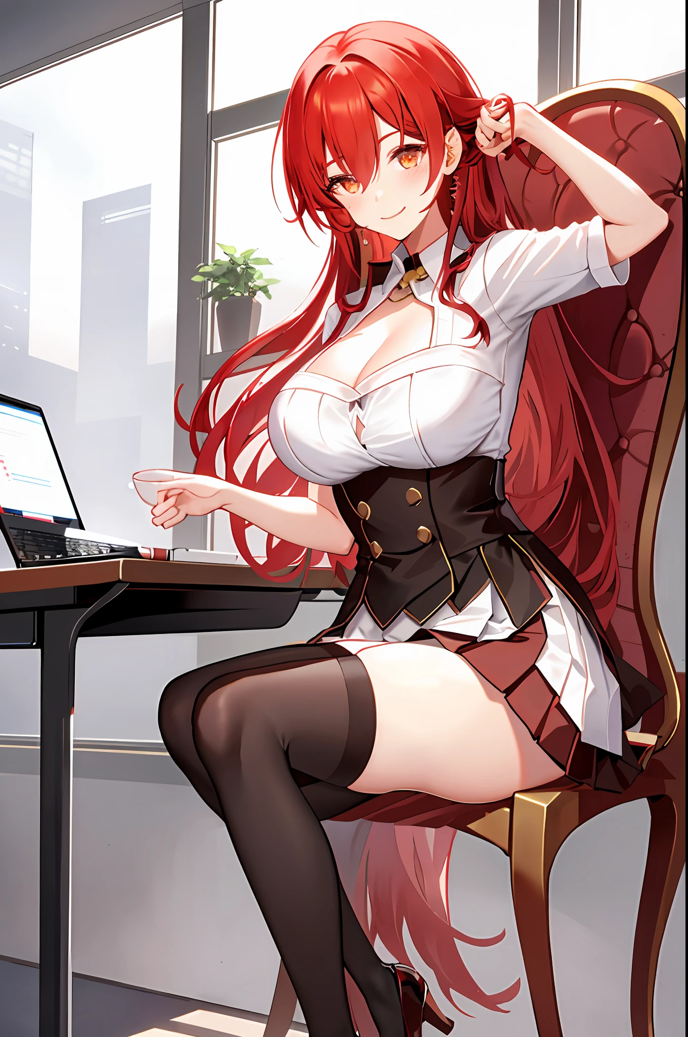 Himeko, 1girl, solo, ((white shirt)), black thighhighs, breasts, cleavage, uniform, office background, black skirt, ((pleated skirt)), office, hair between eyes, large breasts, long hair, looking at viewer, red hair, red short nails, golden eyes, solo, thighhighs, thighs, very long hair, ((masterpiece)), sitting, chair, desk, computer on desk, name tag, id tag, indoor, smile, ((blush)), shy, sexy pose,