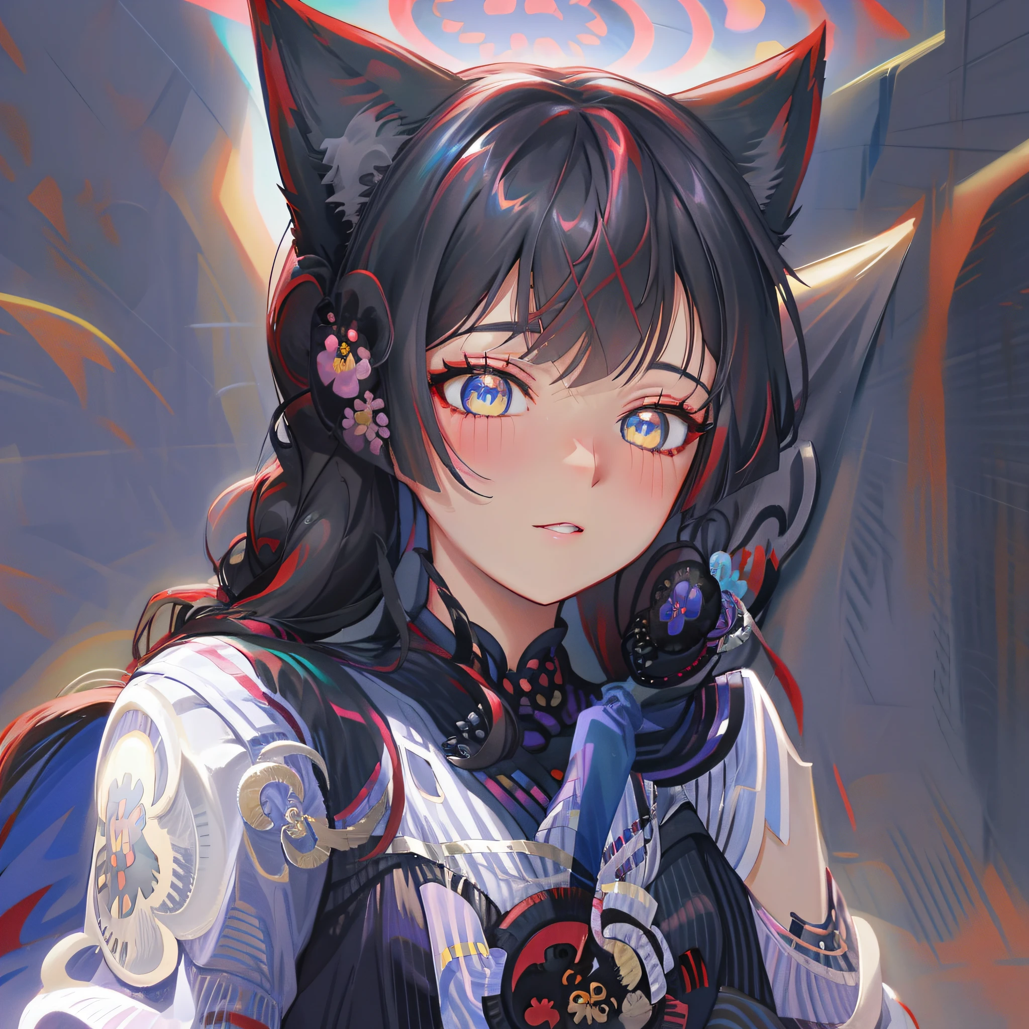(Genshin, Cartoon, kawaii), cat-eared girl, blue eyes, (long black hair + cat ears: 1.2), (best clarity + smoothness: 1.3 + digital art: 1.2), Nakari, (steampunk + cartoon style: 1.2), (Ahri + kawaii: 1.2), ground shooting, bustling streets, (portrait + pets: 0.8)