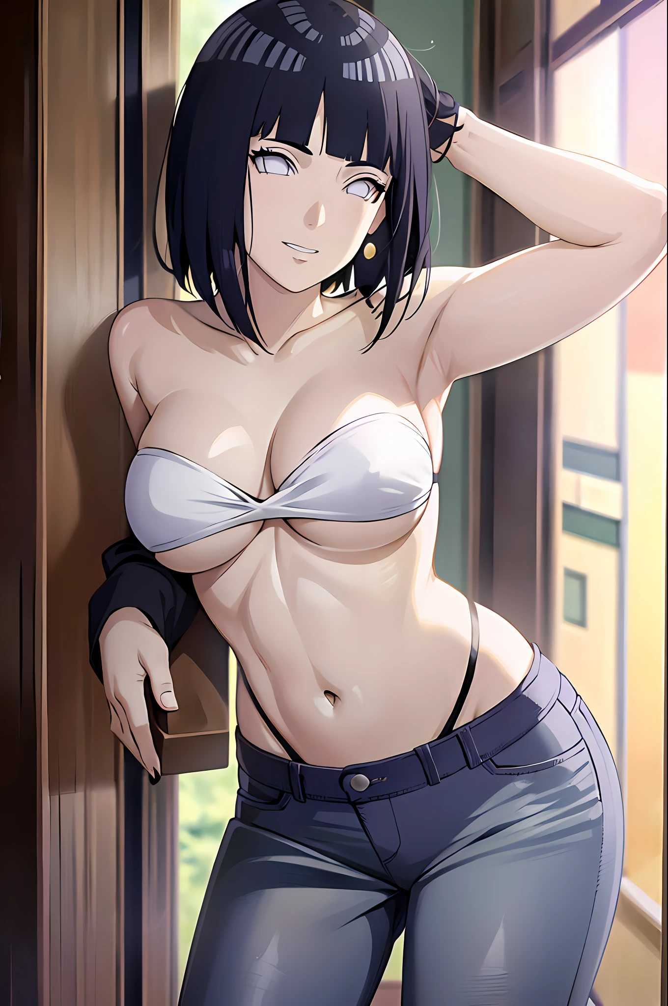 (masterpiece, anime style:1.9, plain, bold drawing lines, looking at viewer, rough shadows, nice mood, correct anatomy, wind effect, polished nails, strapless white bikini top, long jeans bottom), hinata\(boruto\), mature female, standing, milf, (curvy:0.8), solo, short hair, hime cut, (dark blue hair color:1.1), white, big breasts, flat belly, perfect eyes, anime eyes, smoky eyeliner, eyeshadow, perfect face, shy, sharp focus, professional artwork, intricate details, colorful, vibrant colors, vivid colors, digital blending, ultra detailed body, ultra detail hair, ultra detail face, trending on pixiv, kind smile, happy, very hot colors, sunrays, leaning forward, naughty face, looking up