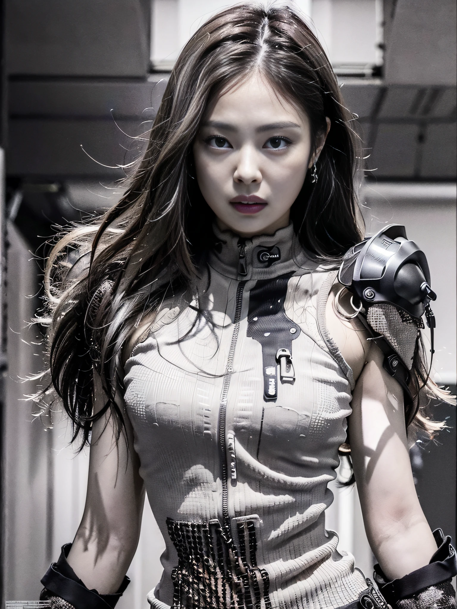 (1girl:1.3), solo, __body-parts__, Jennie face, doomsday wasteland style, dusty, stormy, dirty, gray tones, 8k resolution image, intricate symmetrical details. The whole picture is invincible and heroic, mainly a complete picture of a woman standing all over her body, with smooth movements and a confident expression.