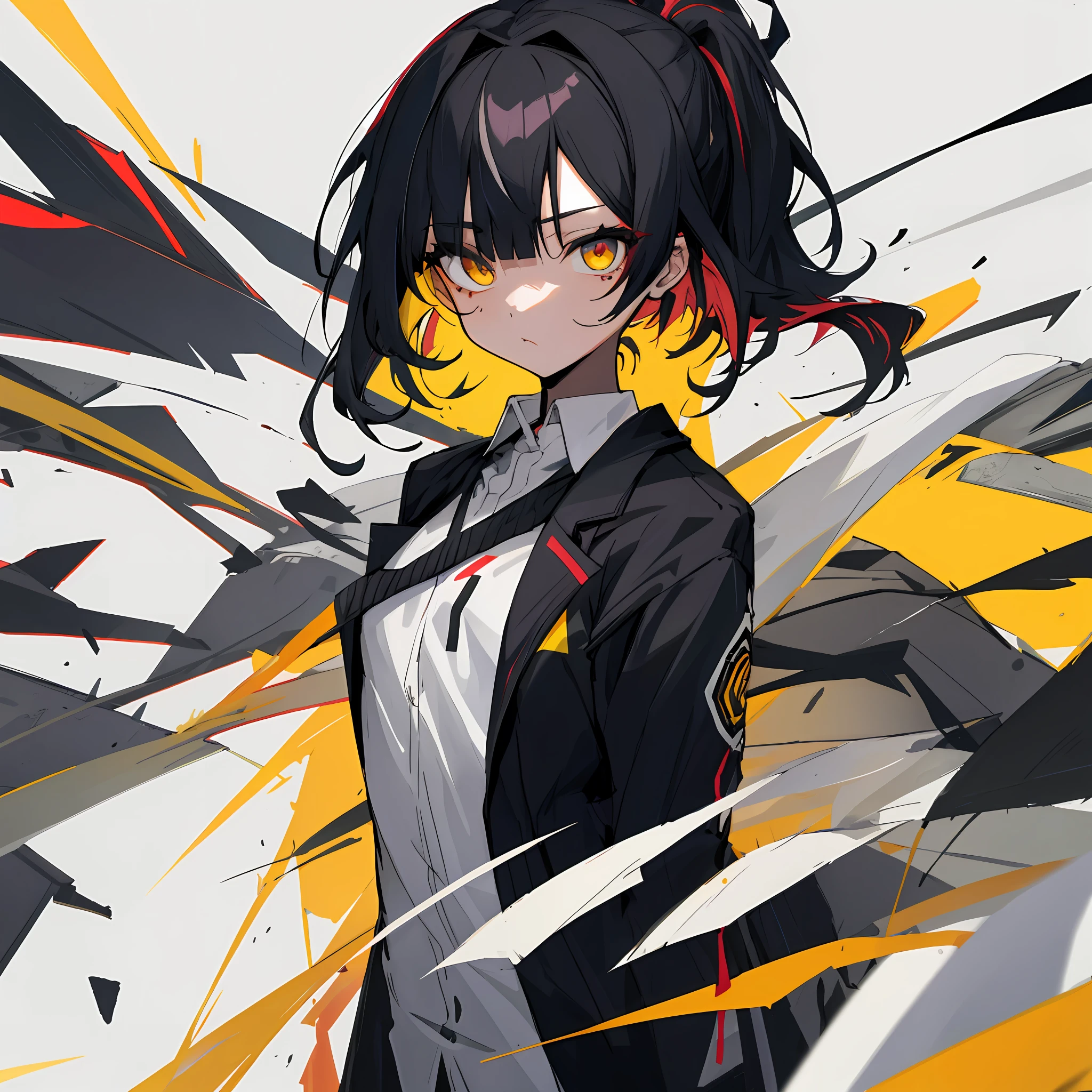 small_breasts, black_hair_with_white_hair_streak, side_up_ponytail, loli, black_jacket, white_shirt, suits, arms_behind_back, best_quaility, looking_at_viewer, 1girl, upper_body, multicolored_hair, multicolored_eye, mole, hair_over_left_eye, yellow_eyes, multicolored_eyes, ultra_quality