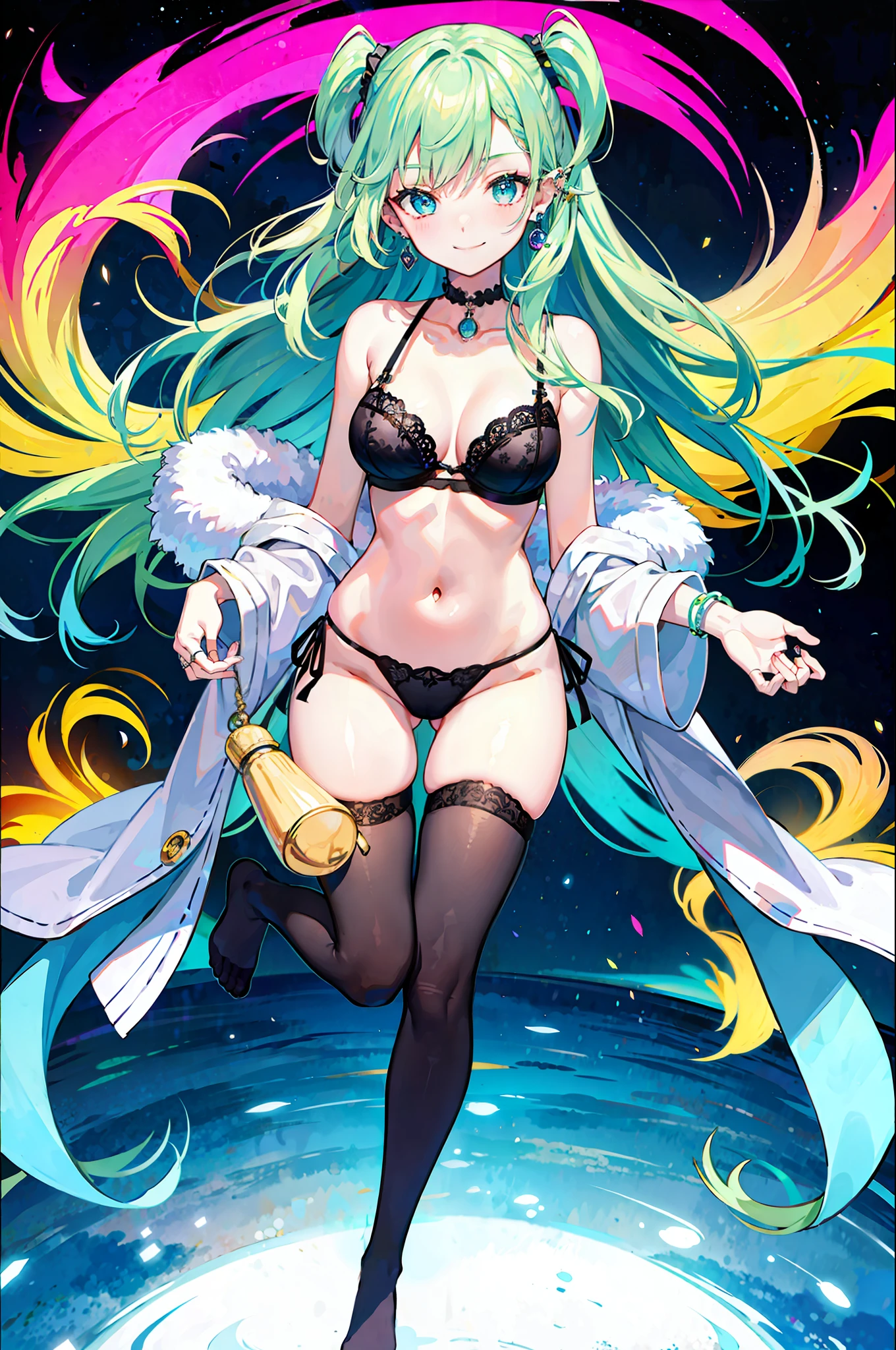 (Night), Lamp, Masterpiece, Best Quality, Full Body, 1girl, Bangs, Blush, Breasts, Clavicles, Ear Piercings, Eyebrows Visible Through Hair, (Gradient Green Hair), Smirk, Jewelry, Long Hair, Looking At the Viewer, Piercings, (Half-Naked), (Black Underwear), (Bra), (Panties), (Stockings), Blue Eyes, Ring, Smile, Solo, Sky, Illustration, Fashionable, Woman, Bright, Posing, Frontal, Colorful, Dynamic, Background, Elements, Confident, Expression, Retention, Statement, Accessory, Majestic, Rolled, Around, Touch, Scene, Bold, Eye-catching, Stylish, Catchy, Larger, Vibrant, Modern, Fashionable, Focus, Fashion