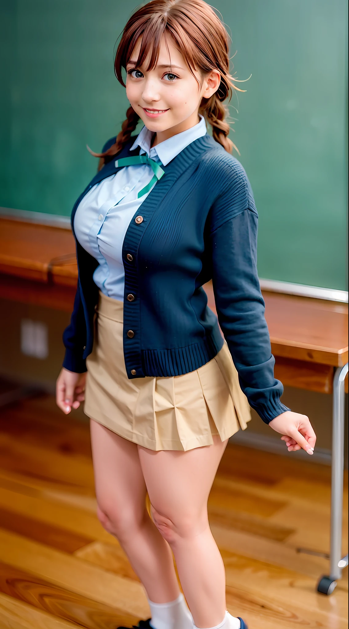 best quality, ultra high res, photoshoot, (photorealistic:1.4), 1girl, school, in class room, school uniform skirt lift up, (light brown hair:1), looking at viewer, vacation on hell, cute, full body, (slim legs:1),in out door,detailed eyes,detailed face,huge ass,light smile