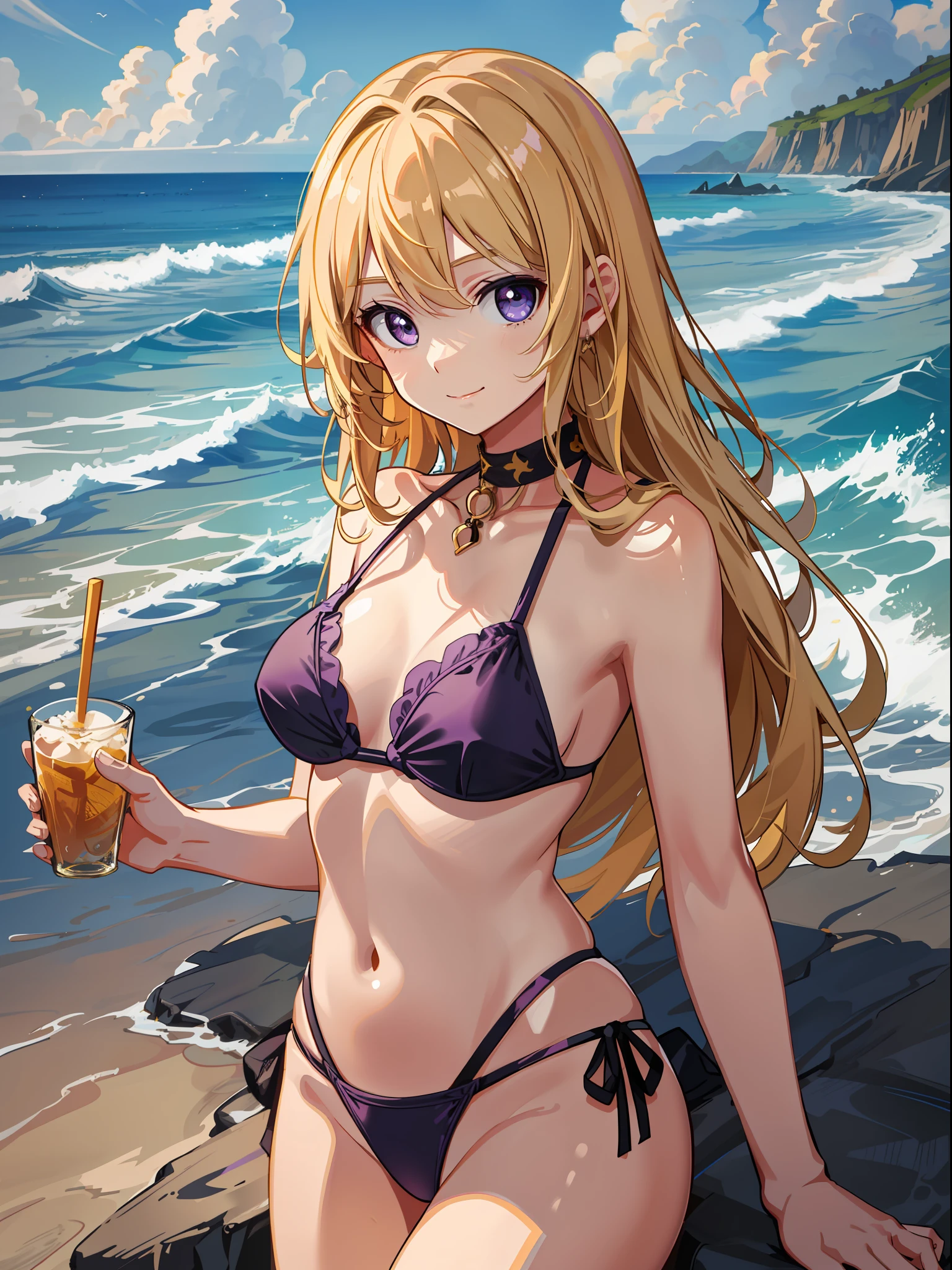 Two-dimensional, high-grade lighting, exquisite picture, exquisite eyes, high resolution, atmospheric sense, best shadow, girly, gentle, yellow hair, hair between the eyes, scattered, long hair, princess head, purple eyes, round big eyes, cute, A cup, girly small breasts, ****** high school ******* figure, ***ite body, ************, swimsuit, black and purple bikini, seaside, beach, smile,