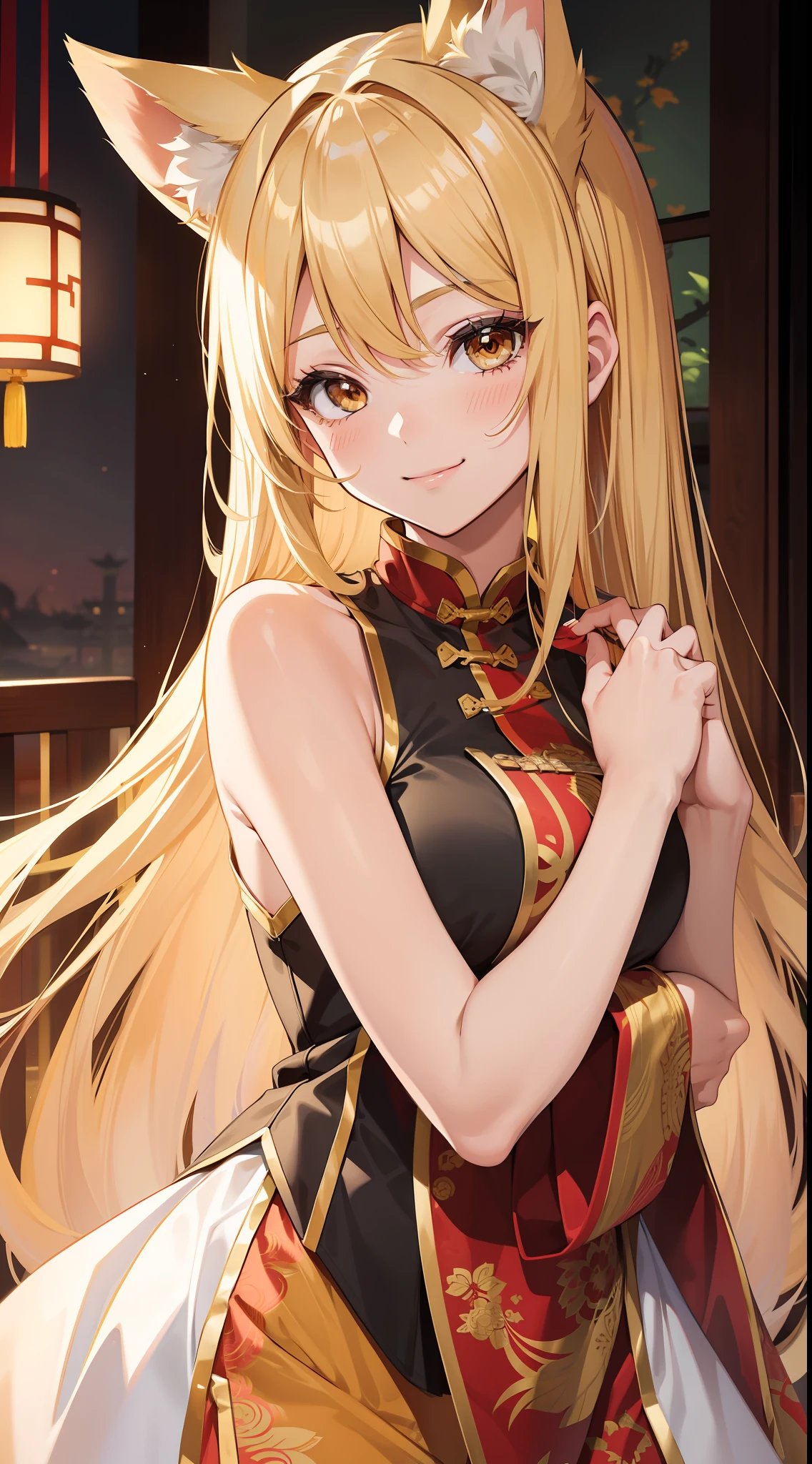 Adult girl, long lush blonde hair, brown eyes, wolf ears, Chinese clothes, sleeveless, cheerful look, smile, masterpiece, high quality