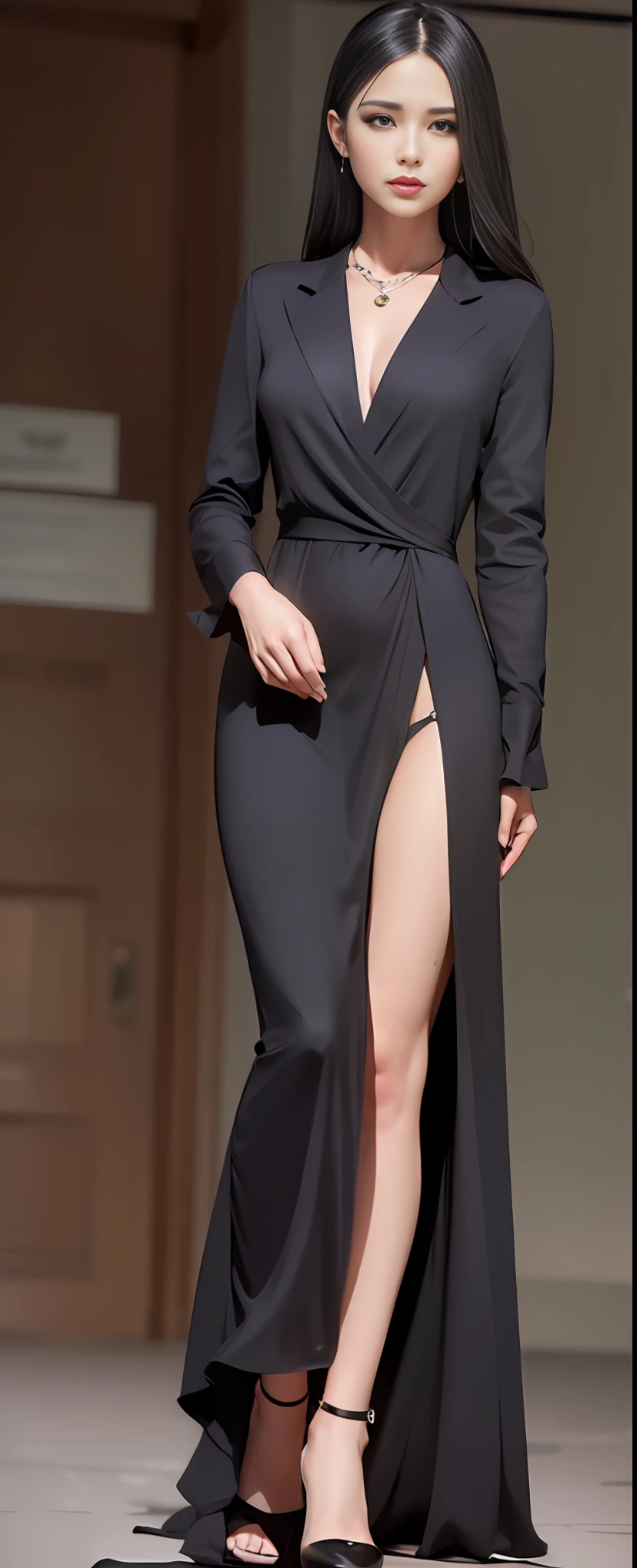 a woman in a black dress is walking down a runway, opened dress, sexy gown, sexy dress, revealing stylish dress, elegant fashion model, revealing outfit, sexy look, wearing an elegant dress, back slit, sophisticated dress, she is wearing a black dress, full body close-up shot, wearing a black robe, robe. extremely high details, wearing black robe