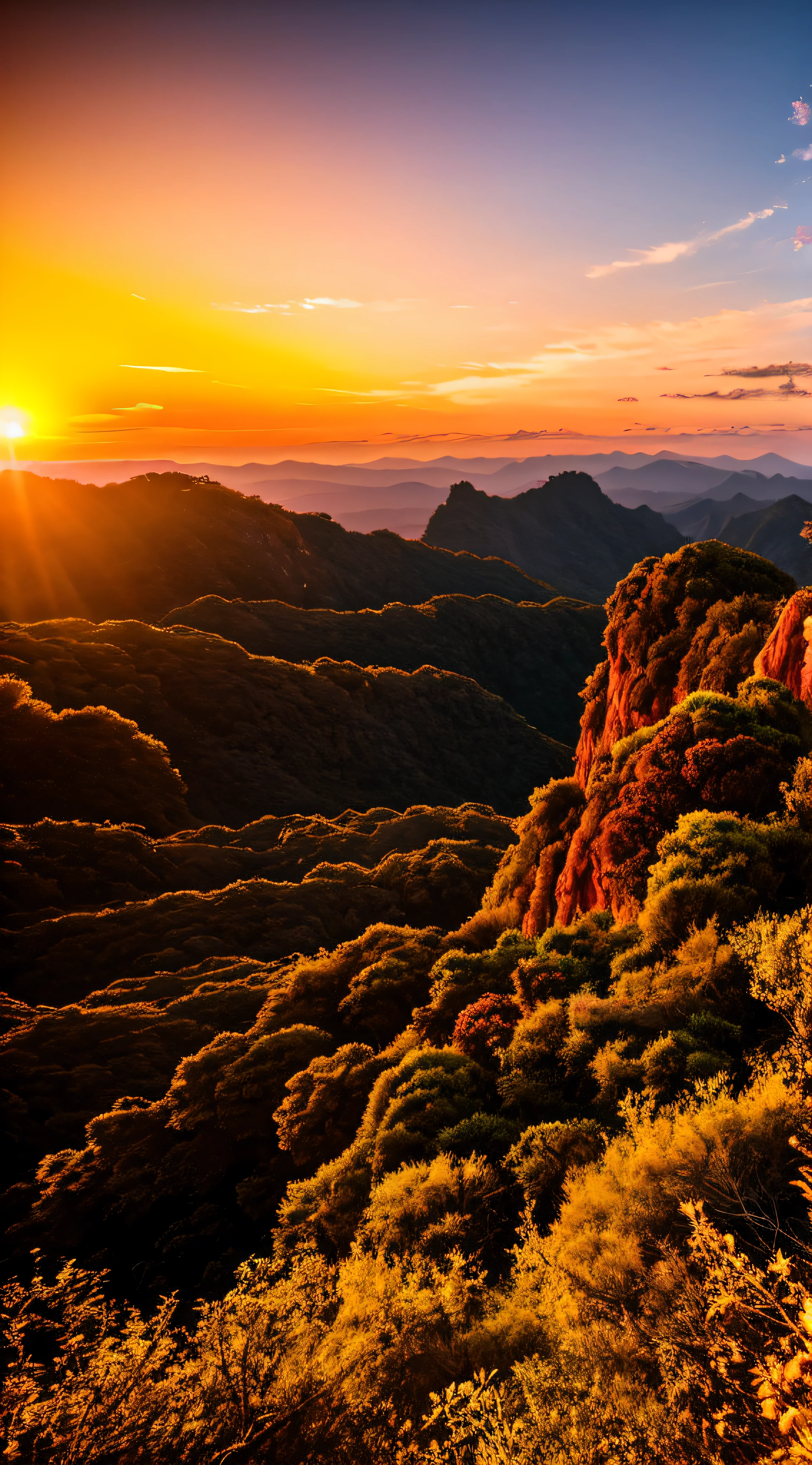 Sunset, evening glow, distant view, realistic, rich colors, gorgeous and colorful, wide-angle lens, shooting in the evening, positive film, naturalistic style, high-definition filming.