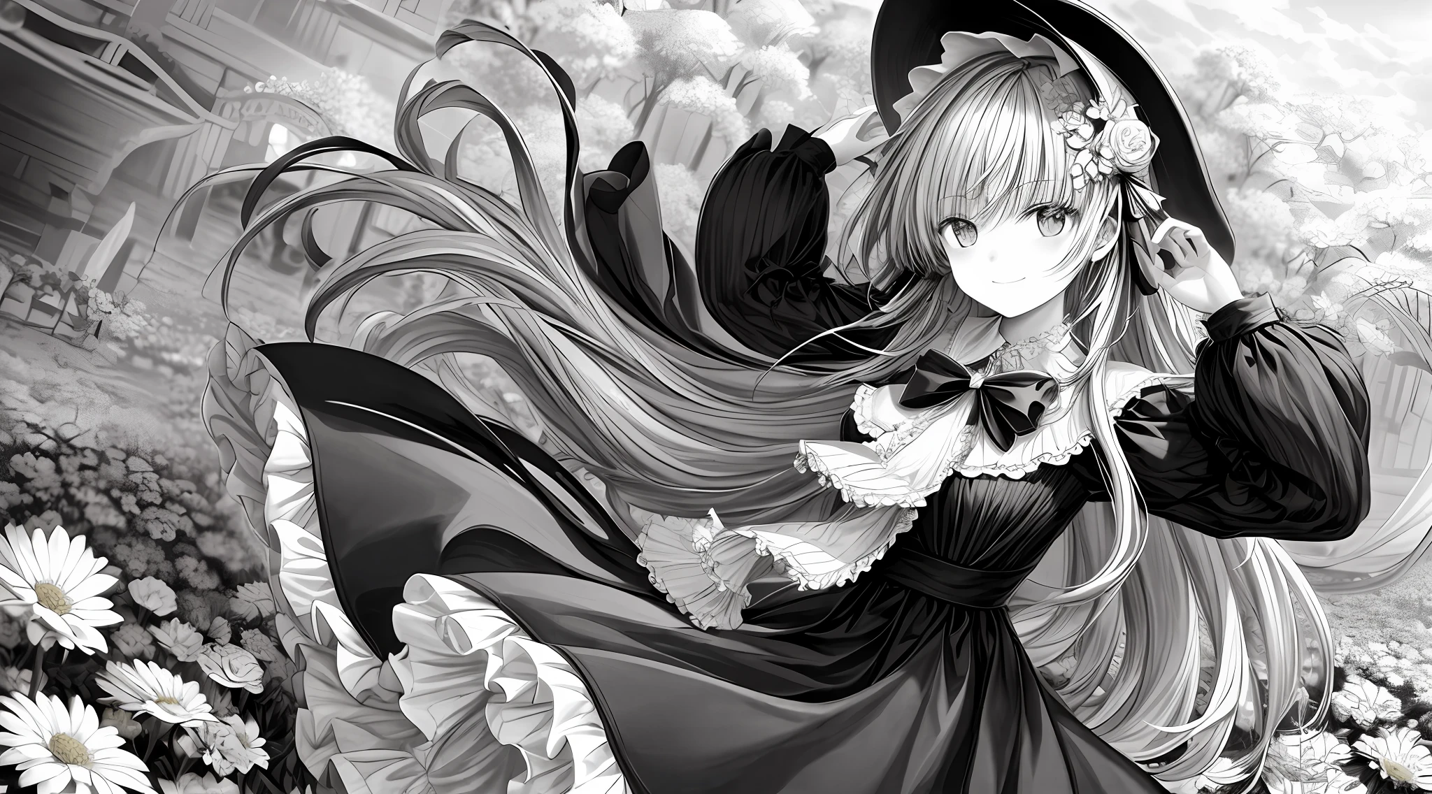 masterpiece, best quality, 1girl, solo, long_hair, looking_at_viewer, smile, bangs, skirt, shirt, long_sleeves, hat, dress, bow, holding, closed_mouth, flower, frills, hair_flower, petals, bouquet, holding_flower, center_frills, bonnet, holding_bouquet, flower field, flower field, lineart, monochrome,