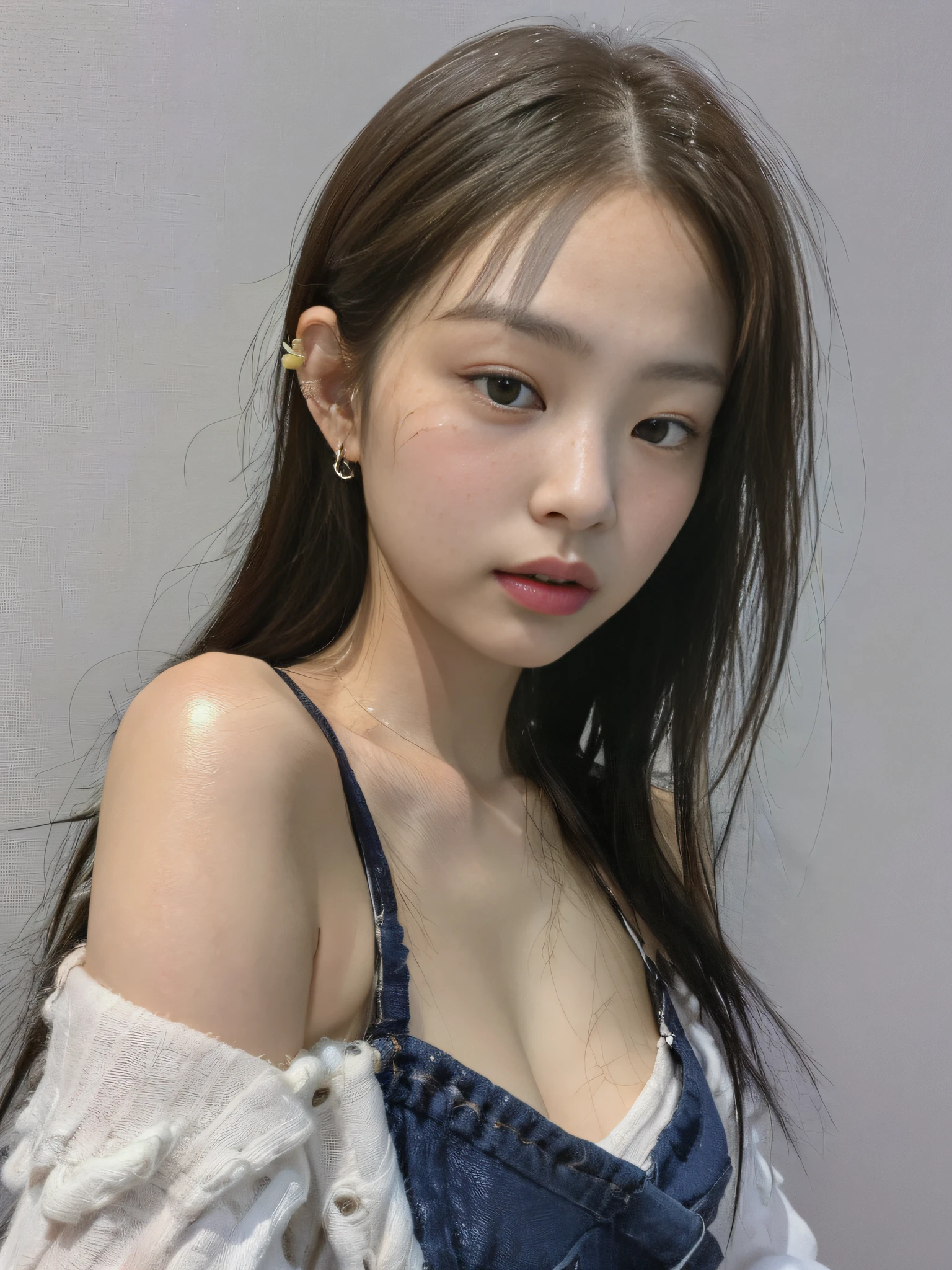 Best Quality, Jjennie Face Shape, Super High Resolution, Supermodel, (Realism: 1 Girl.8), RAW Photo, 1 Girl One Girl, Bare Shoulders in White Shirt, In the Dark, Deep Shadow, Understated, Cold Light