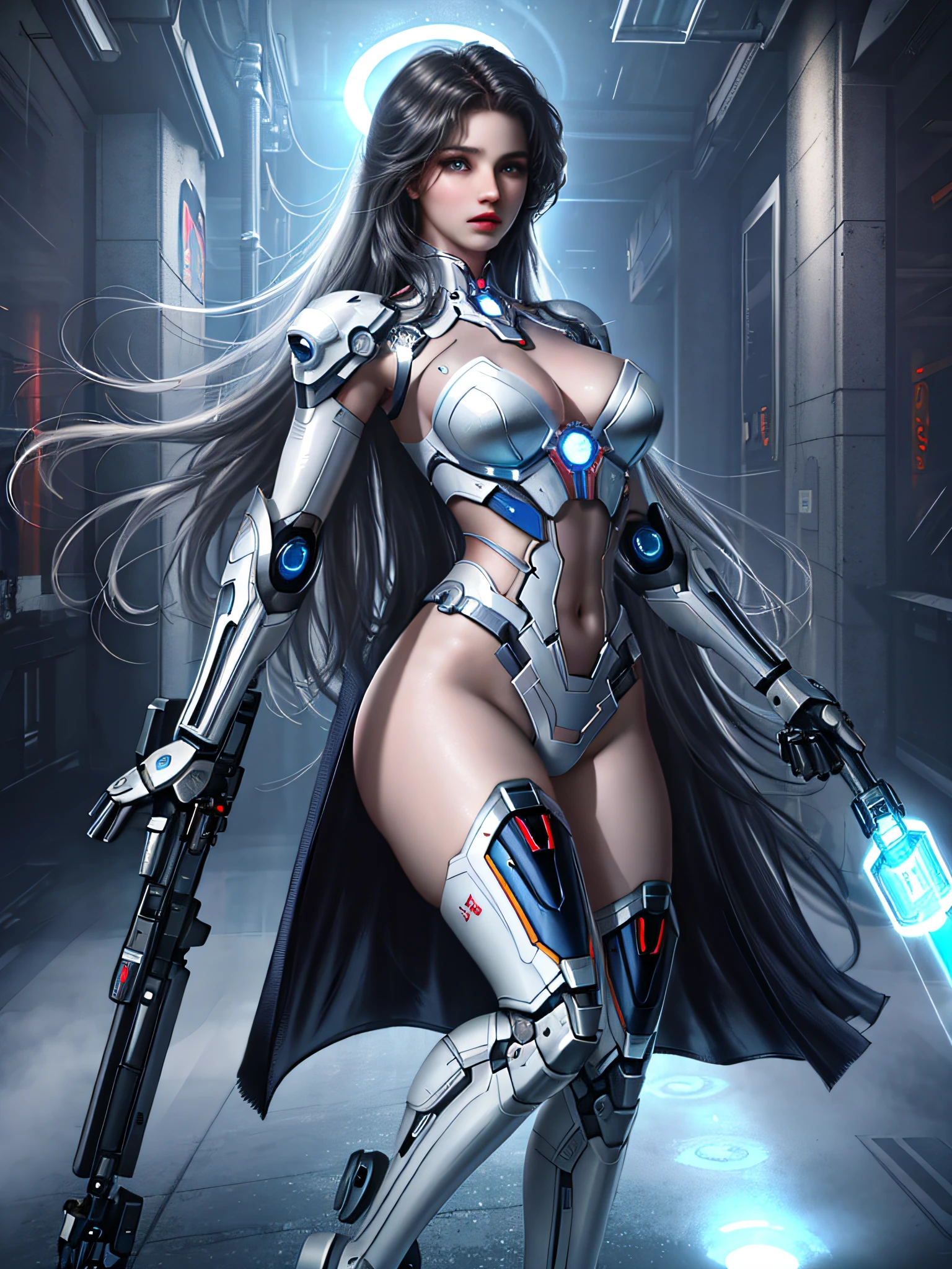 RAW, masterpiece, super fine photo, photorealistic realism, full body portrait, amazing beauty, dynamic pose, delicate face, vibrant eyes, (viewed from the side), she wears futuristic Iron Man mech, very detailed background, detailed face, detailed complex busy background, messy, gorgeous, milky white, highly detailed skin, realistic skin details, visible pores, sharp focus, volumetric fog, 8k uhd, DSLR, film grain, fair skin, photo realism, lomography, the sprawling metropolis in the dystopia of the future , as seen below,