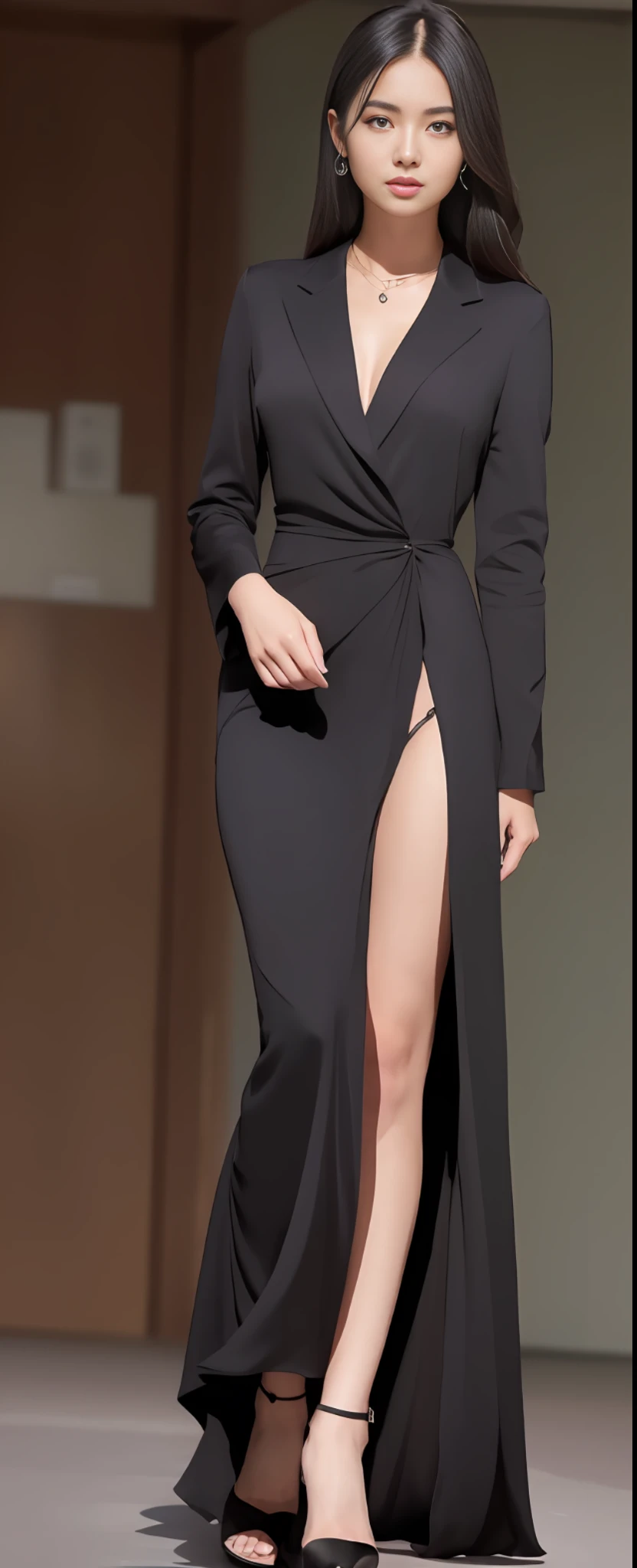 a woman in a black dress is walking down a runway, opened dress, sexy gown, sexy dress, revealing stylish dress, elegant fashion model, revealing outfit, sexy look, wearing an elegant dress, back slit, sophisticated dress, she is wearing a black dress, full body close-up shot, wearing a black robe, robe. extremely high details, wearing black robe