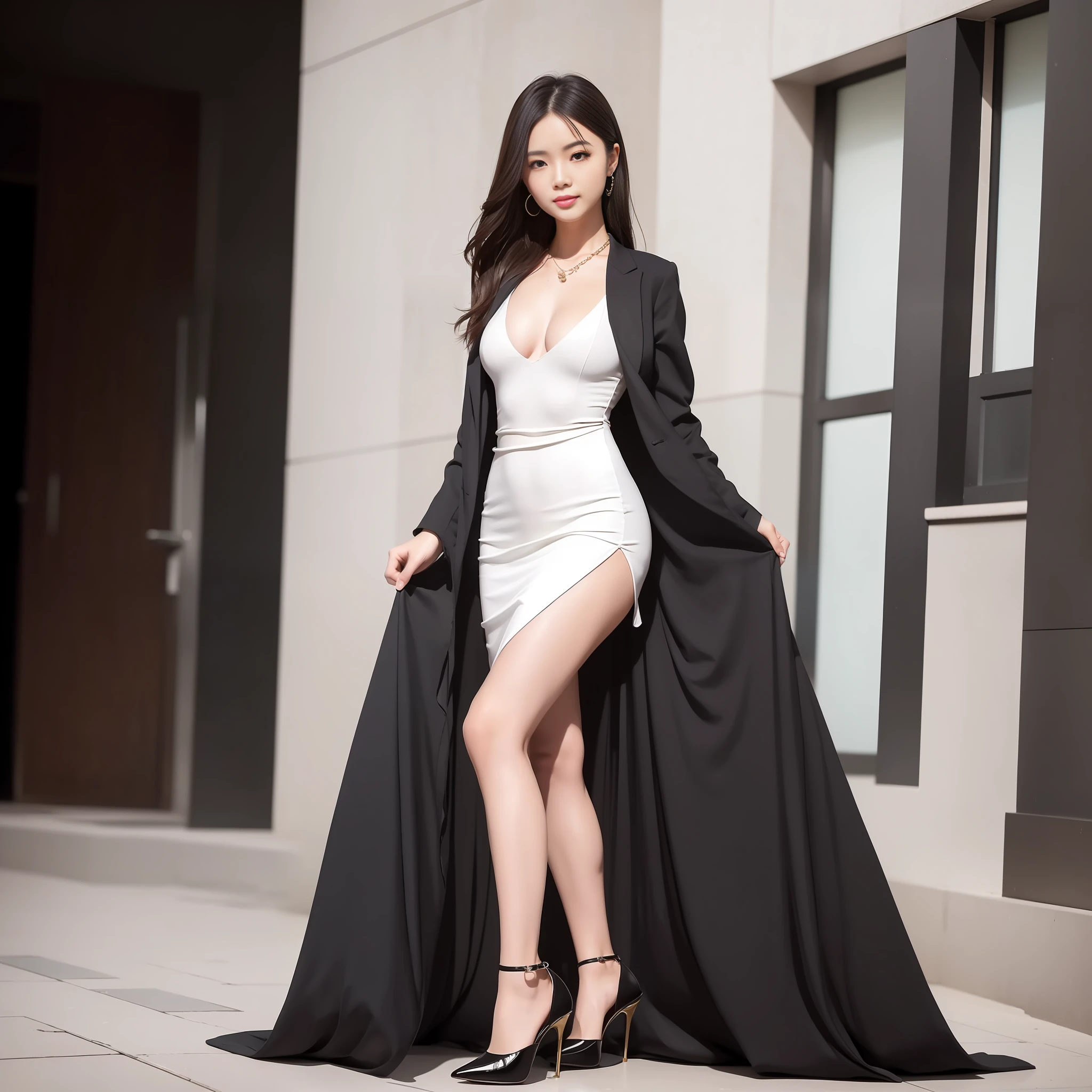 (Best Quality, 8k, 32k, Masterpiece, UHD: 1.2), Photo of a Beautiful Chinese Woman, A Woman: 1.5, (Detailed Face: 1.1), Simple Black Suit, Looking at the Viewer, (Full Body Photo: 1.6), Necklace, Dress Shirt, Smile, Lower Body Long Skirt, Slim Figure, Long Legs, High Heels: 1.4, (Tall Height: 1.6), Light in Eyes