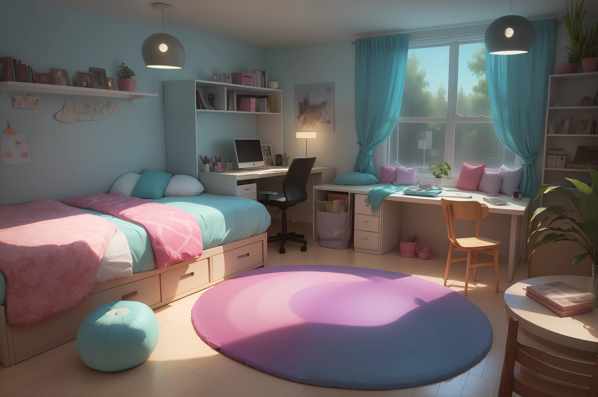 (bright room design for teenager, vivid colors, vibrant atmosphere)