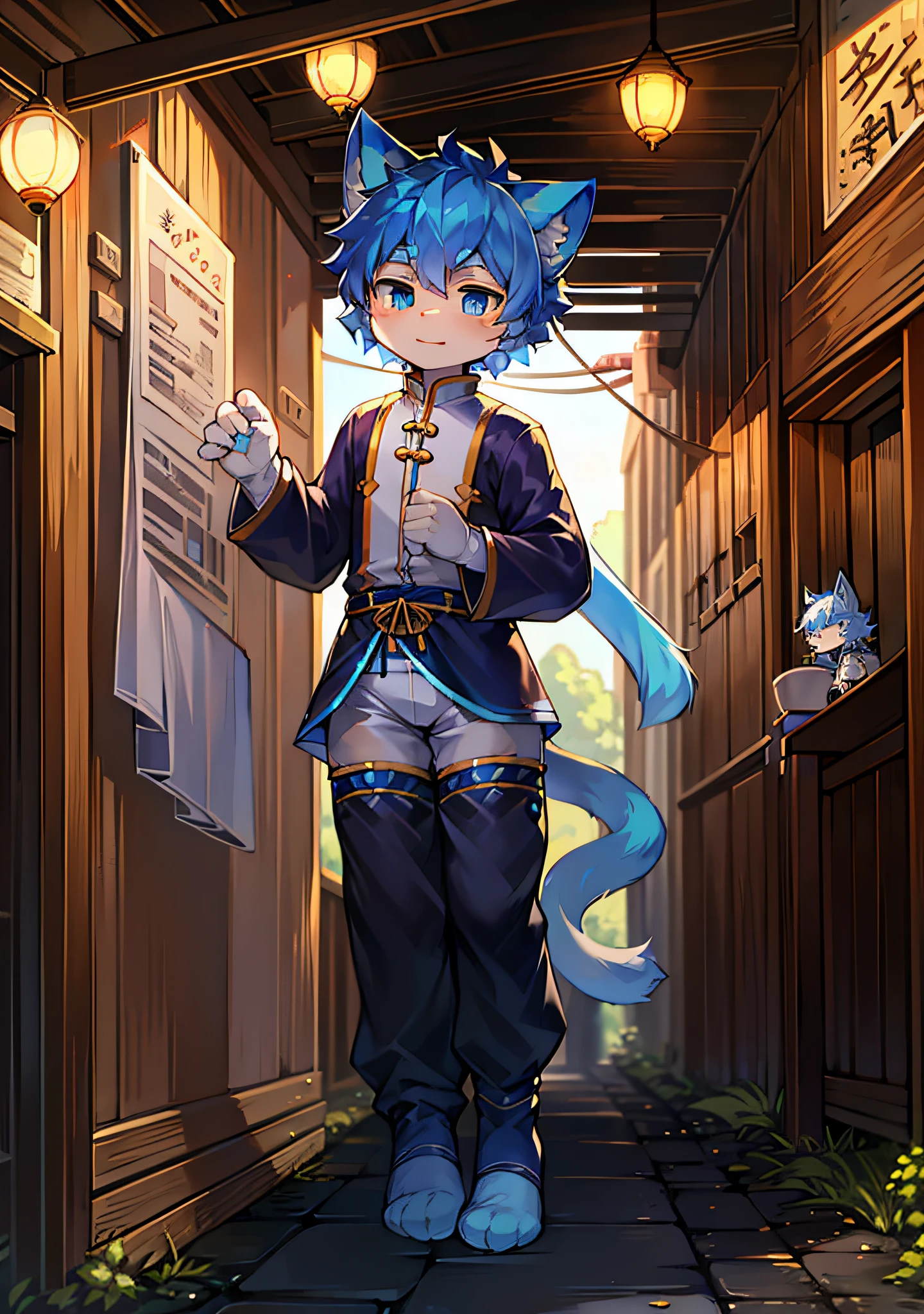 furry , cat boy, cat boy, cat boy, cat boy, little man, (long cat tail, nine tails), little feet (with socks), blue hair, light blue eyes, , national style clothes (blue), aoeu, aoeu, aoeu, long cheongsam (outer garment), hanfu (outer garment), white clothes (inner shirt), boy, noble clothes (blue), cute, zhengtai, on the road