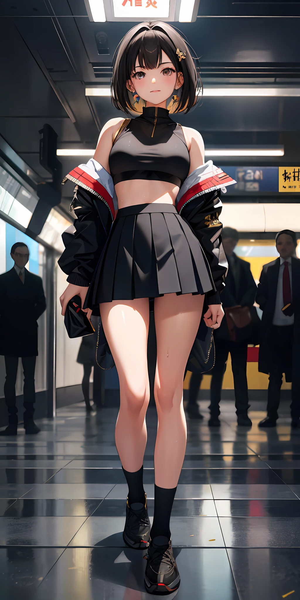 masterpiece, best quality, high resolution, very detailed, detailed face, 1 girl, looking at the audience, subway station, hall, black hair, crop top, skirt, socks, sweat, transparent, happy, nsfw