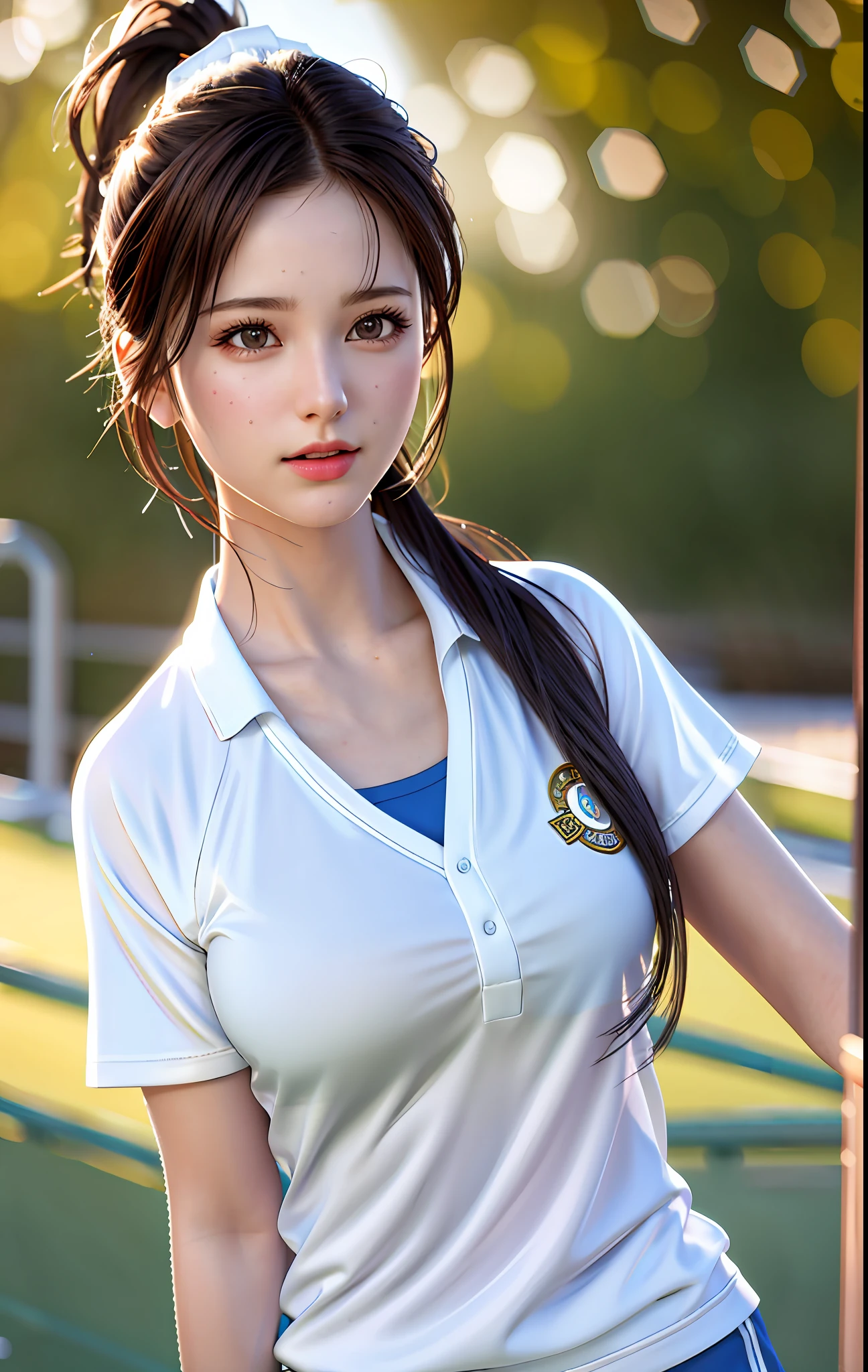 best quality, masterpiece, high_res, 1girl, Beautiful face, (photo realistic:1.3), rim lighting, (high detailed skin:1.2), 8k uhd, dslr, high quality, high resolution, 4k, 8k, Bokeh, medium breasts, absurdres, ponytail contorted, best ratio four finger and one thumb, drenched shirt, drenched chest, no bra, (realistic:1.2), white gym uniform, backlighting, highly detailed