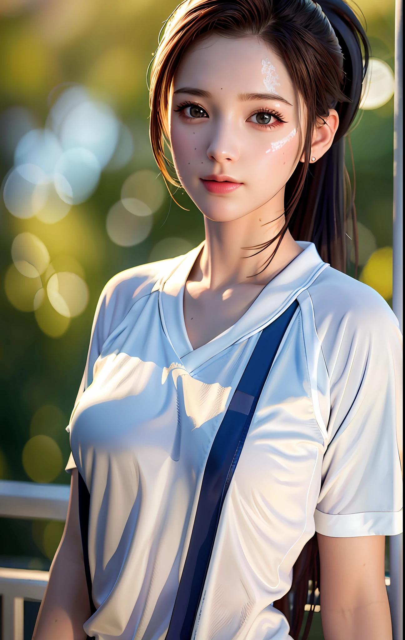 best quality, masterpiece, high_res, 1girl, Beautiful face, (photo realistic:1.3), rim lighting, (high detailed skin:1.2), 8k uhd, dslr, high quality, high resolution, 4k, 8k, Bokeh, medium breasts, absurdres, ponytail contorted, best ratio four finger and one thumb, drenched shirt, drenched chest, no bra, (realistic:1.2), white gym uniform, backlighting, highly detailed