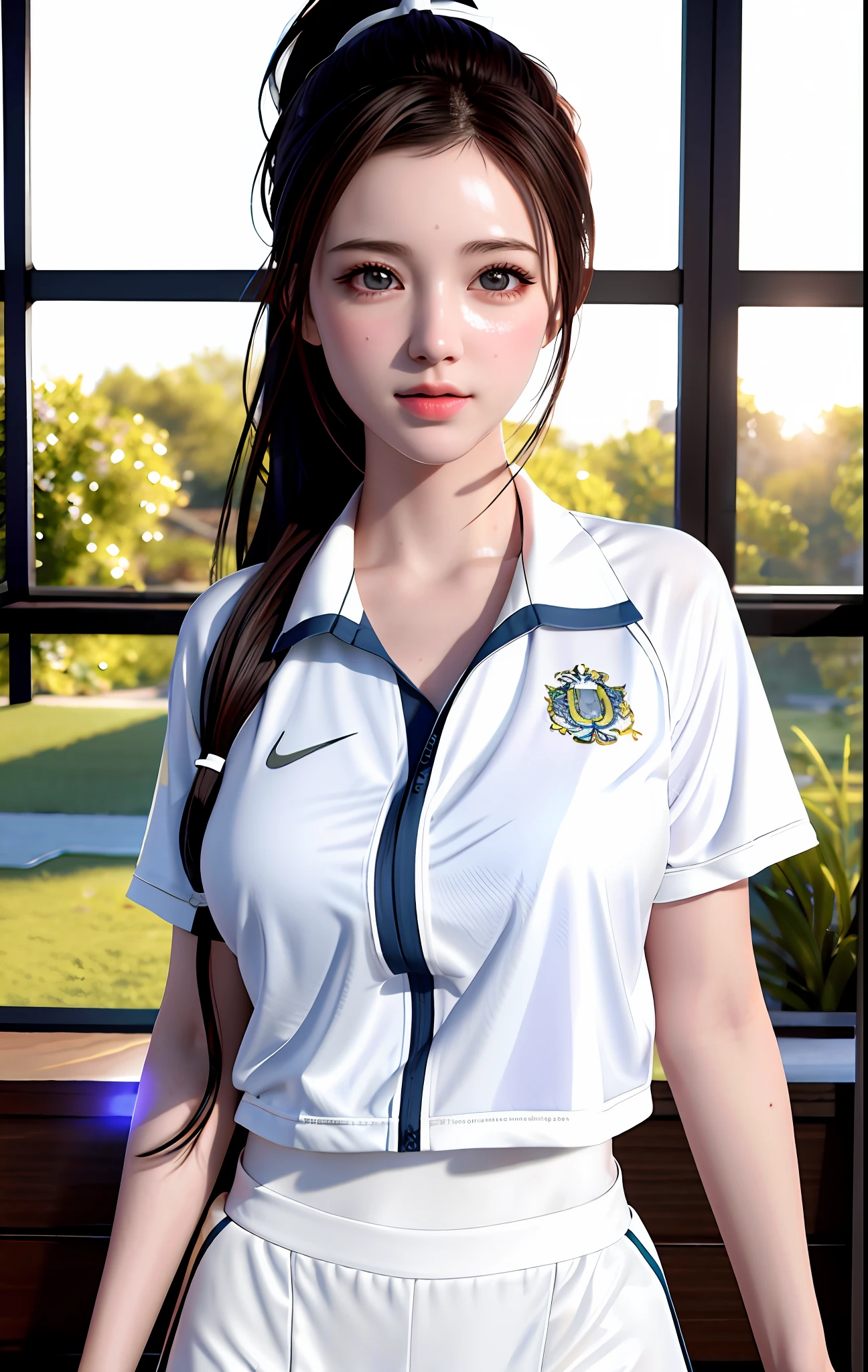 best quality, masterpiece, high_res, 1girl, Beautiful face, (photo realistic:1.3), rim lighting, (high detailed skin:1.2), 8k uhd, dslr, high quality, high resolution, 4k, 8k, Bokeh, medium breasts, absurdres, ponytail contorted, best ratio four finger and one thumb, drenched shirt, drenched chest, no bra, (realistic:1.2), white gym uniform, backlighting, highly detailed