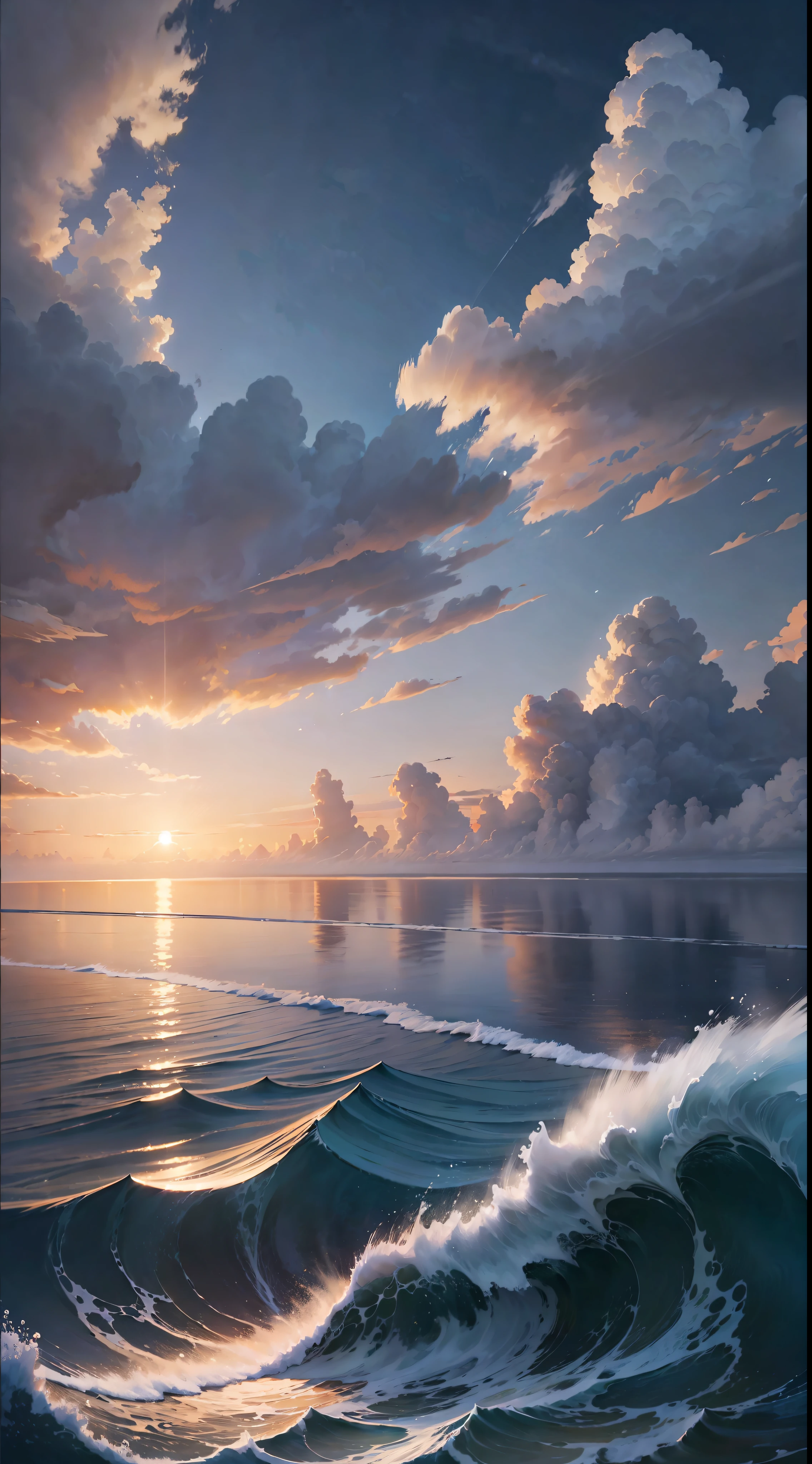 (Very detailed CG unity 8k wallpaper), sunrise over the sea, clouds in the sky, small waves in the sea, HD pictures, super detail, high quality, best quality, engage resolution The most beautiful artwork in the world, high detail, clear focus, dramatic, realistic painting art, blue sky.