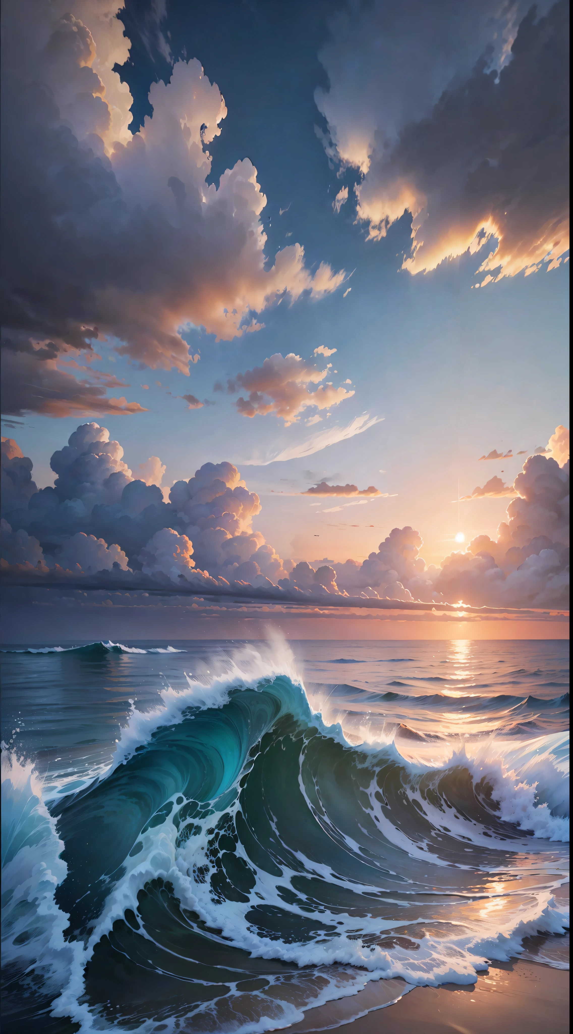 (Very detailed CG unity 8k wallpaper), sunrise over the sea, clouds in the sky, small waves in the sea, HD pictures, super detail, high quality, best quality, engage resolution The most beautiful artwork in the world, high detail, clear focus, dramatic, realistic painting art, blue sky.